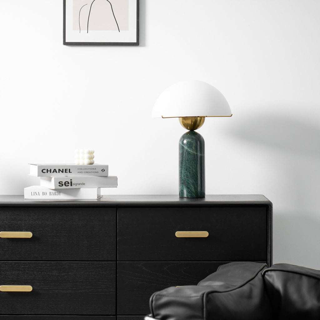 Lampe à poser moderne Galton en Marbre Doré et blanc albâtre