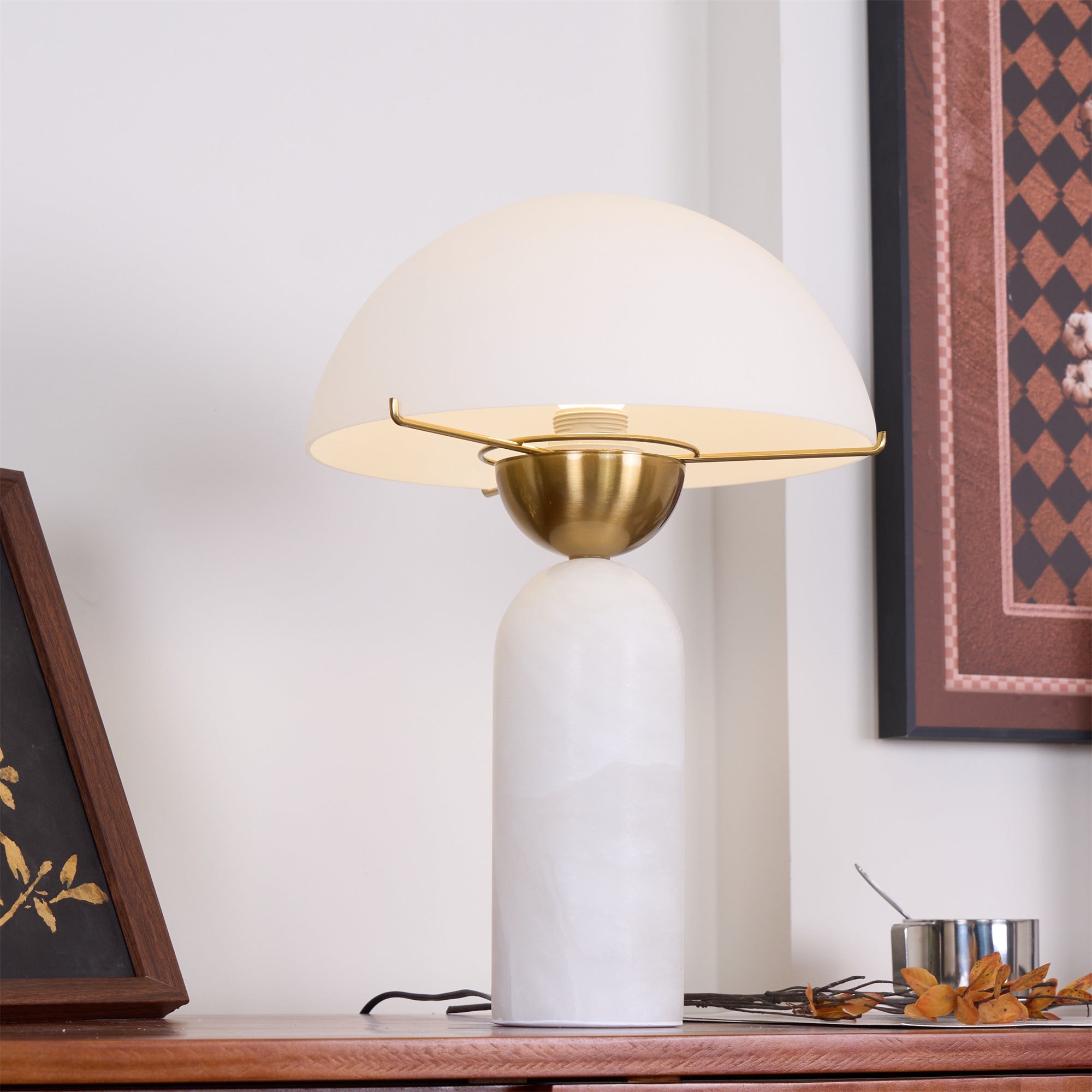 Lampe à poser moderne Galton en Albâtre Doré et vert marbre