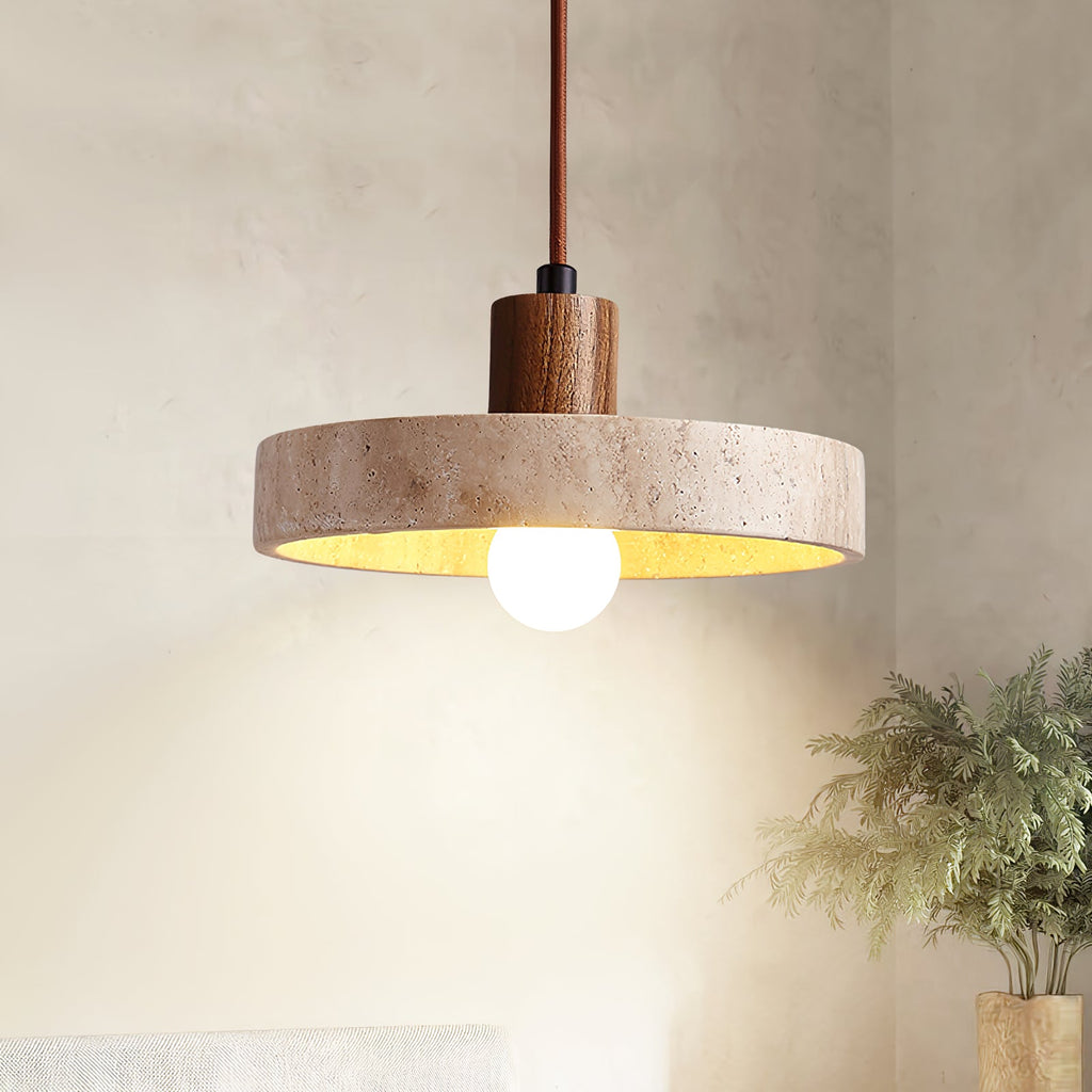 Suspension moderne Lenni en Noyer bois et travertin jaune