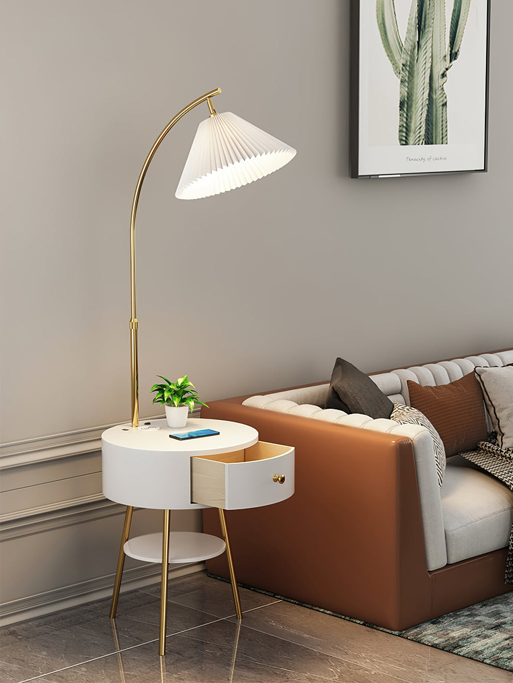 Lampadaire moderne Othar en Bois, Métal, Tissu, Marbre Blanc