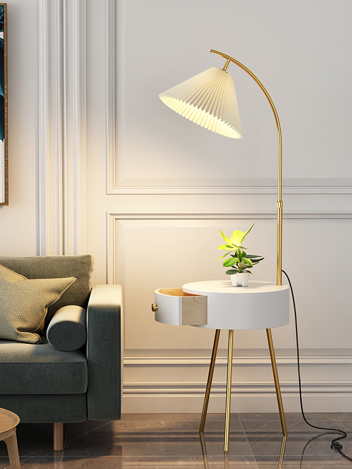 Lampadaire moderne Othar en Bois, Métal, Tissu, Marbre Noir