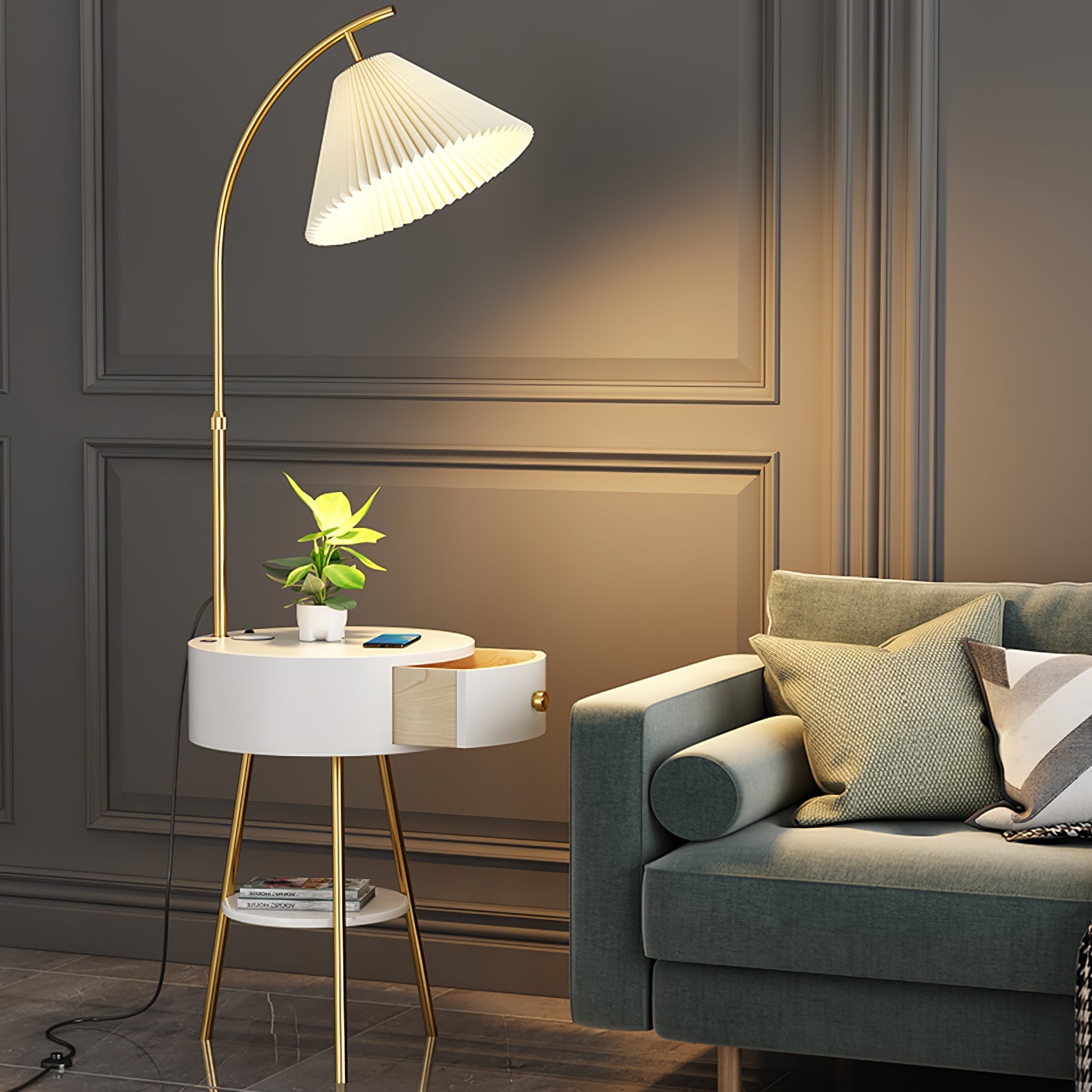 Lampadaire moderne Othar en Bois, Métal, Tissu, Marbre Gris
