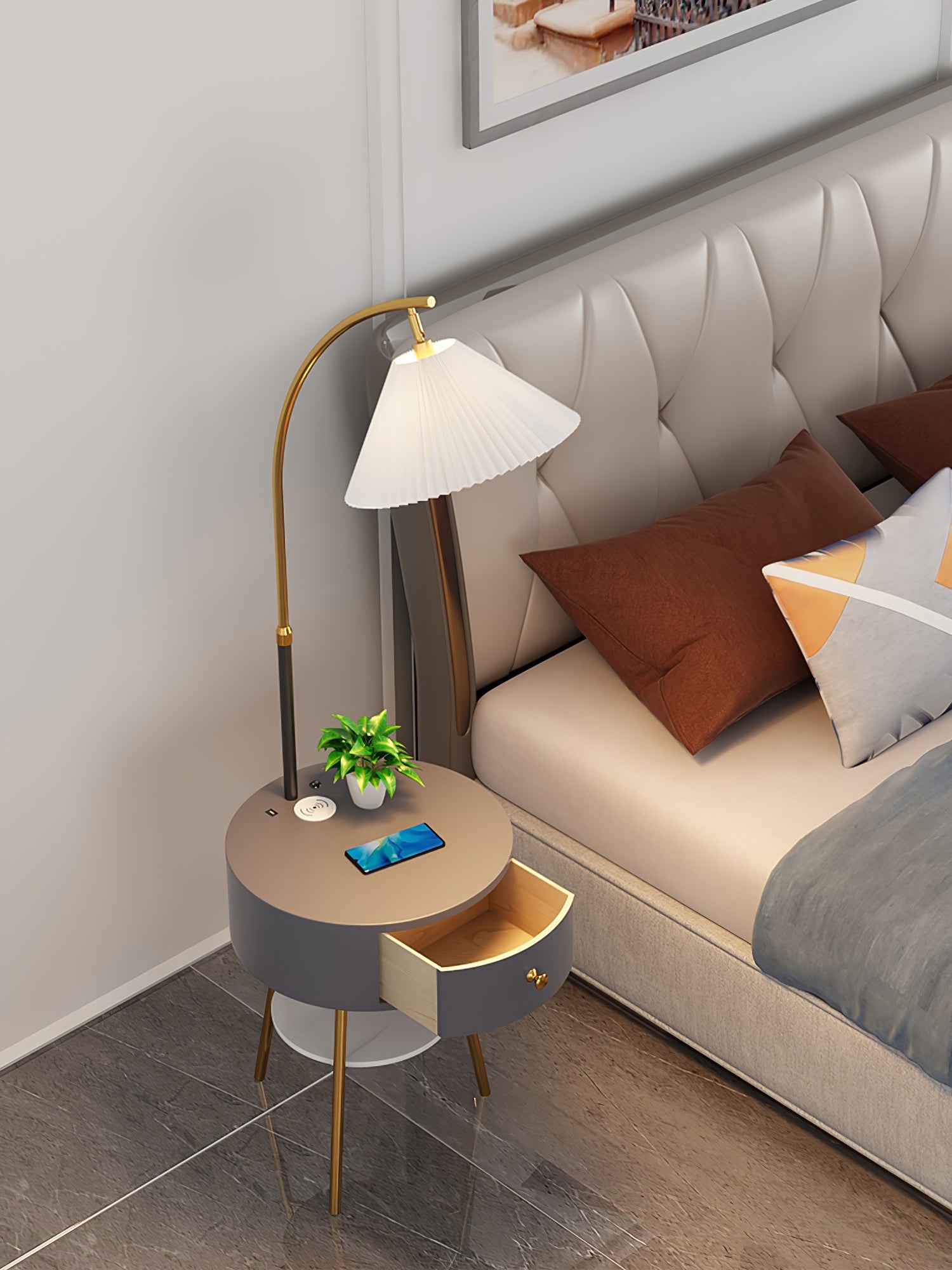 Lampadaire moderne Othar en Bois, Métal, Tissu, Marbre Gris