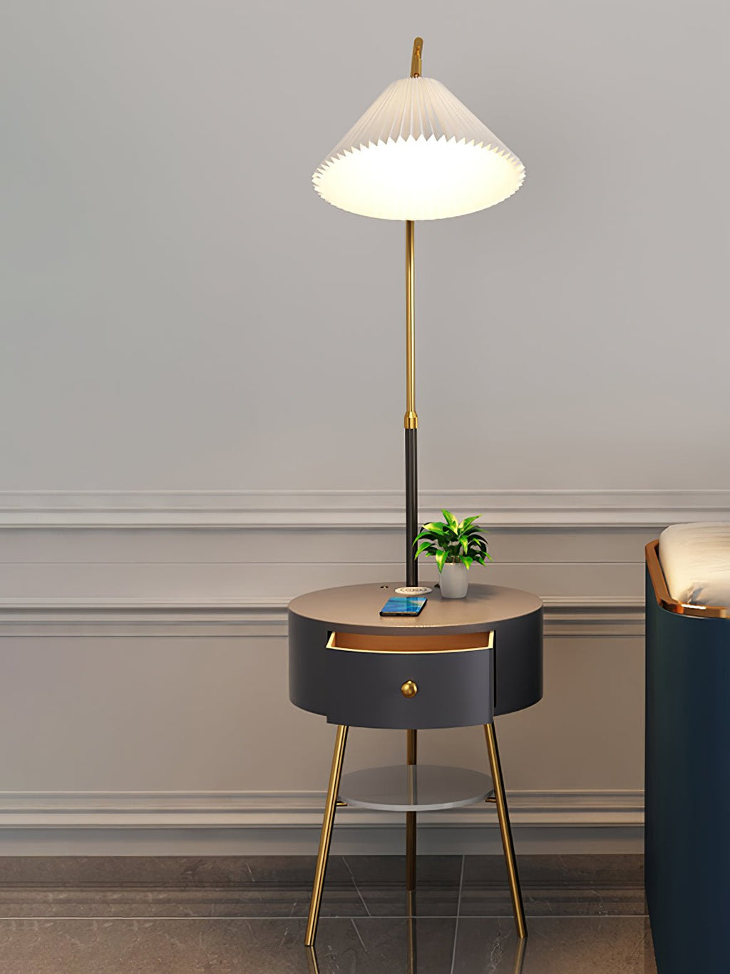 Lampadaire moderne Othar en Bois, Métal, Tissu, Marbre Blanc