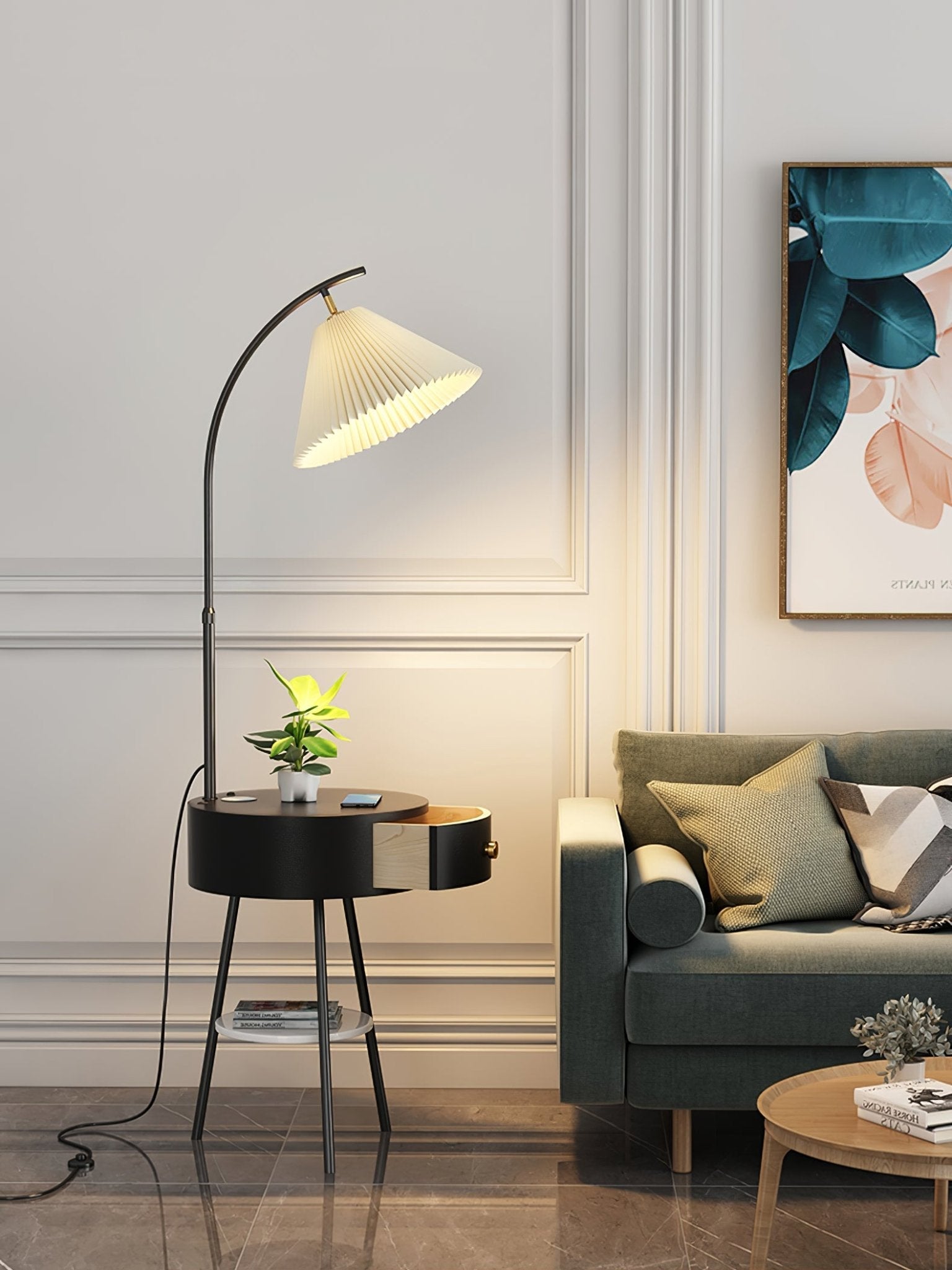 Lampadaire moderne Othar en Bois, Métal, Tissu, Marbre Noir