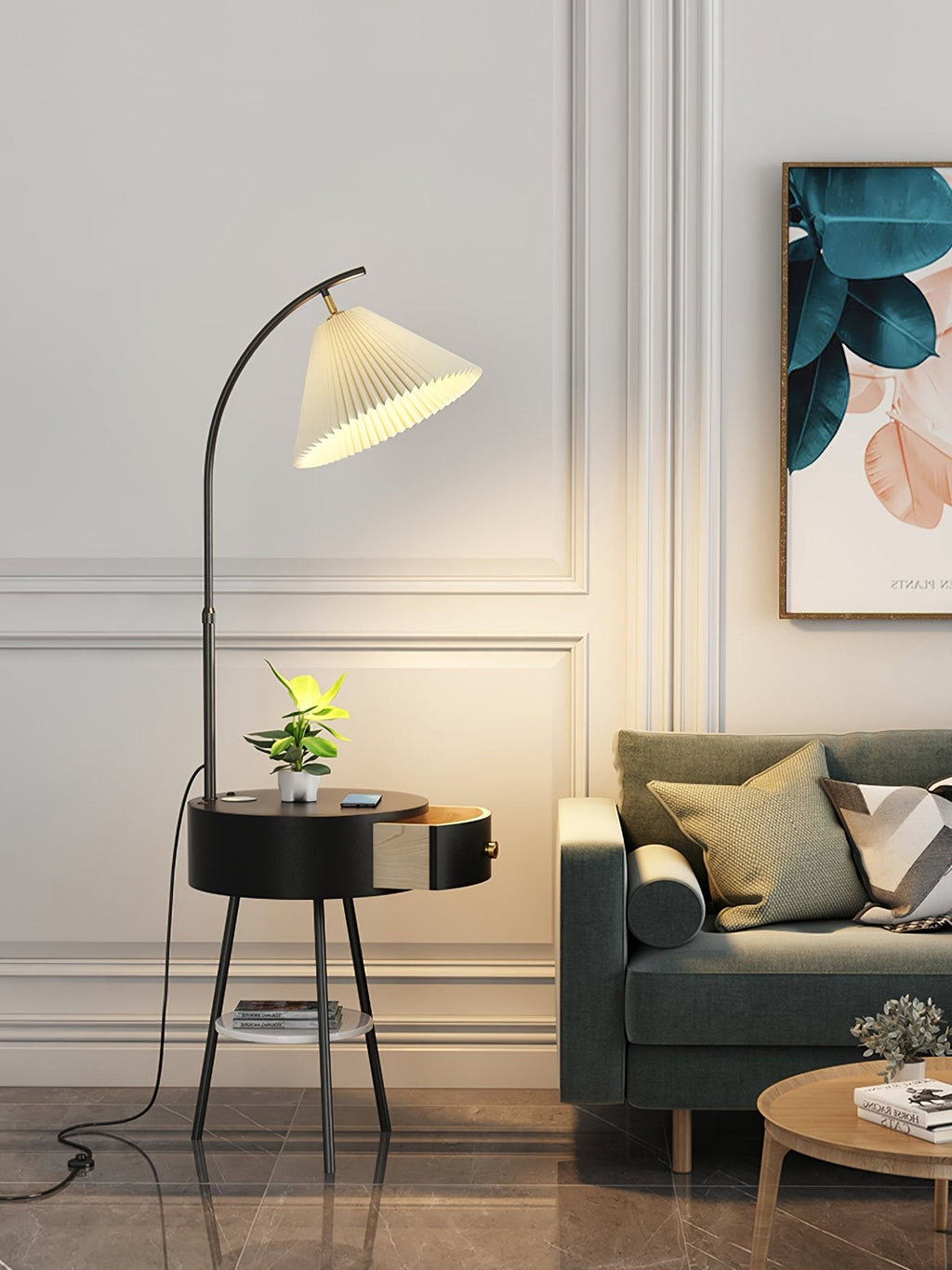 Lampadaire moderne Othar en Bois, Métal, Tissu, Marbre Blanc