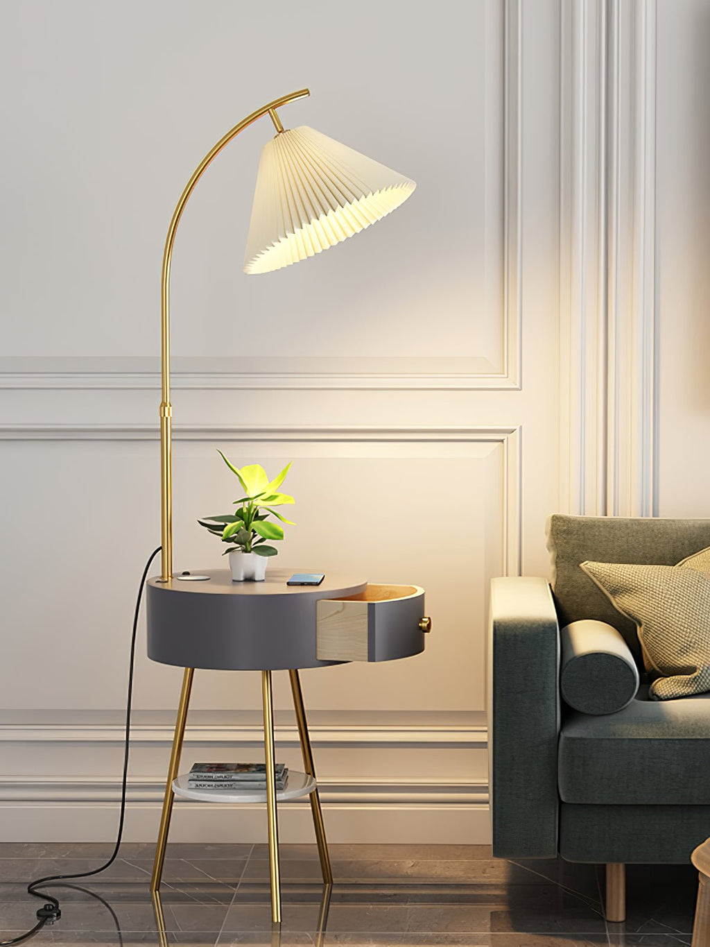Lampadaire moderne Othar en Bois, Métal, Tissu, Marbre Noir