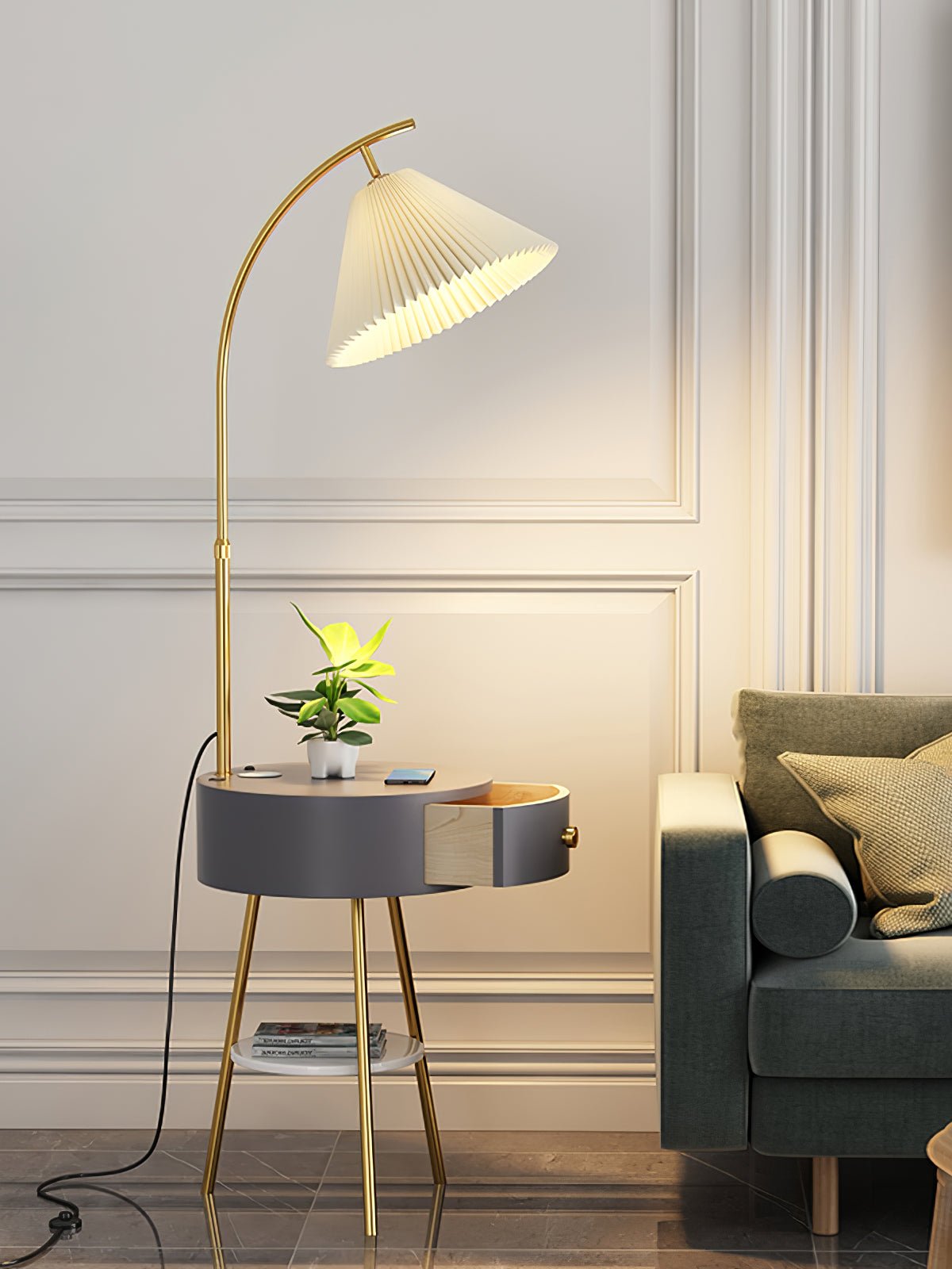 Lampadaire moderne Othar en Bois, Métal, Tissu, Marbre Gris