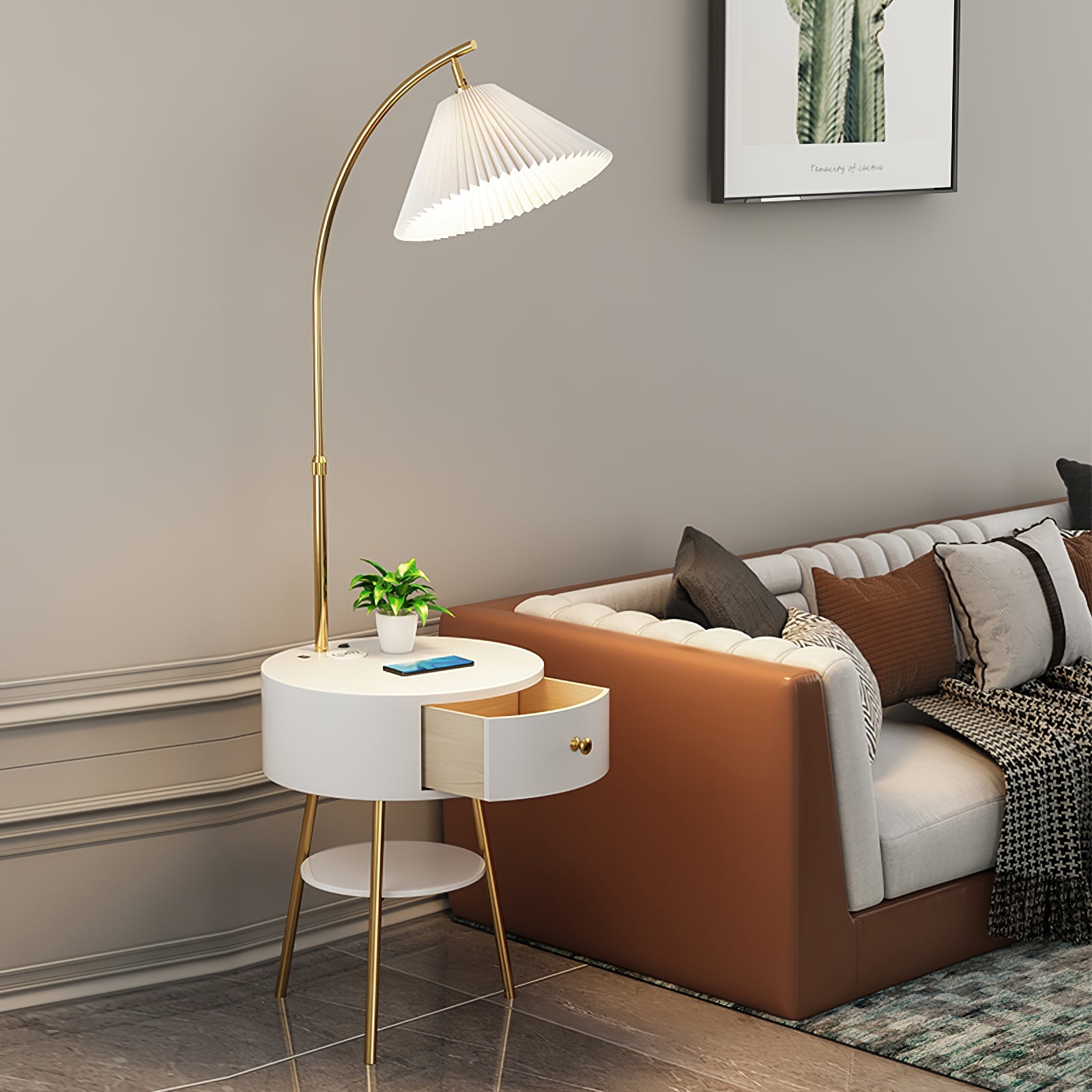 Lampadaire moderne Othar en Bois, Métal, Tissu, Marbre Blanc