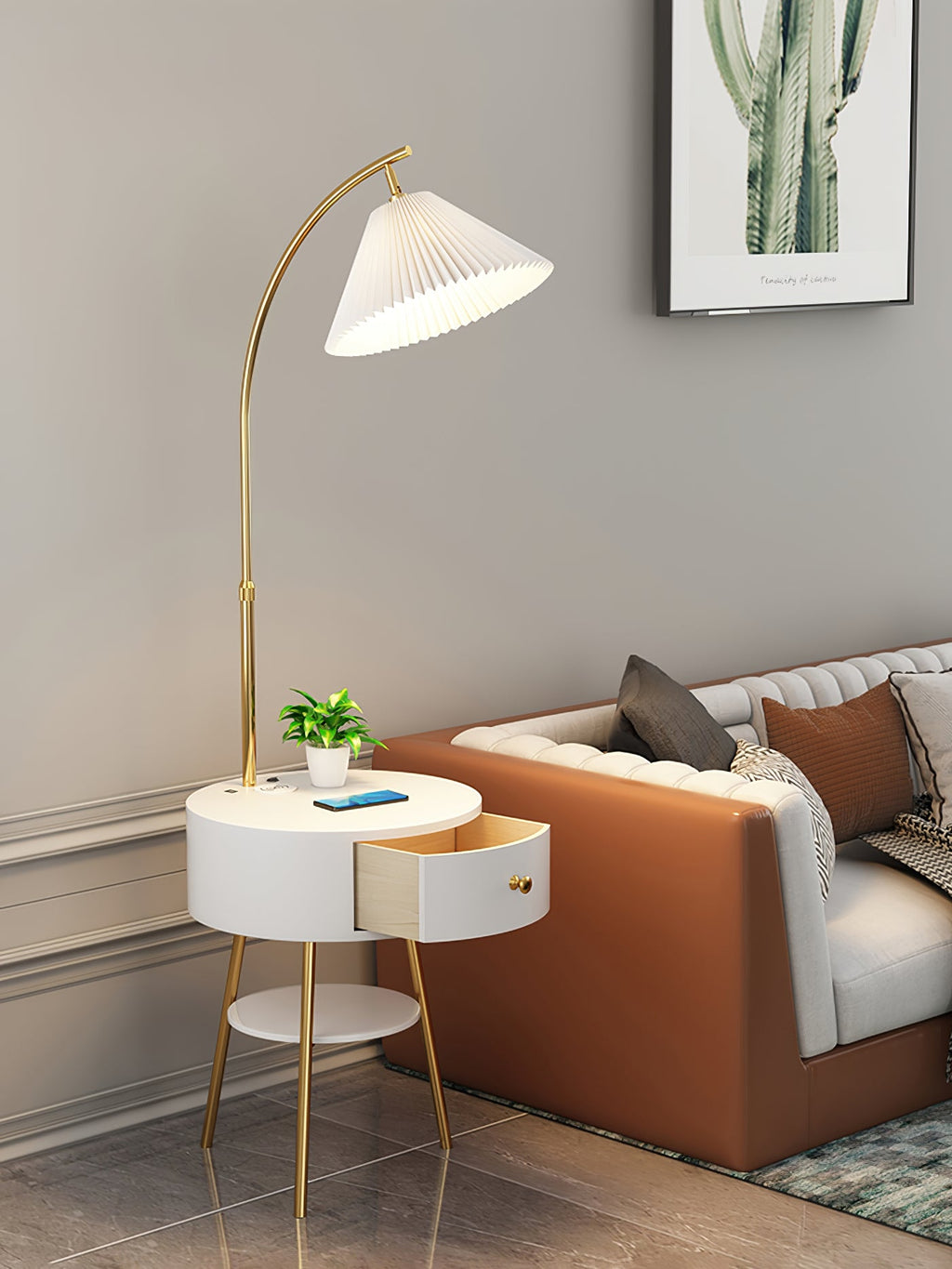Lampadaire moderne Othar en Bois, Métal, Tissu, Marbre Blanc