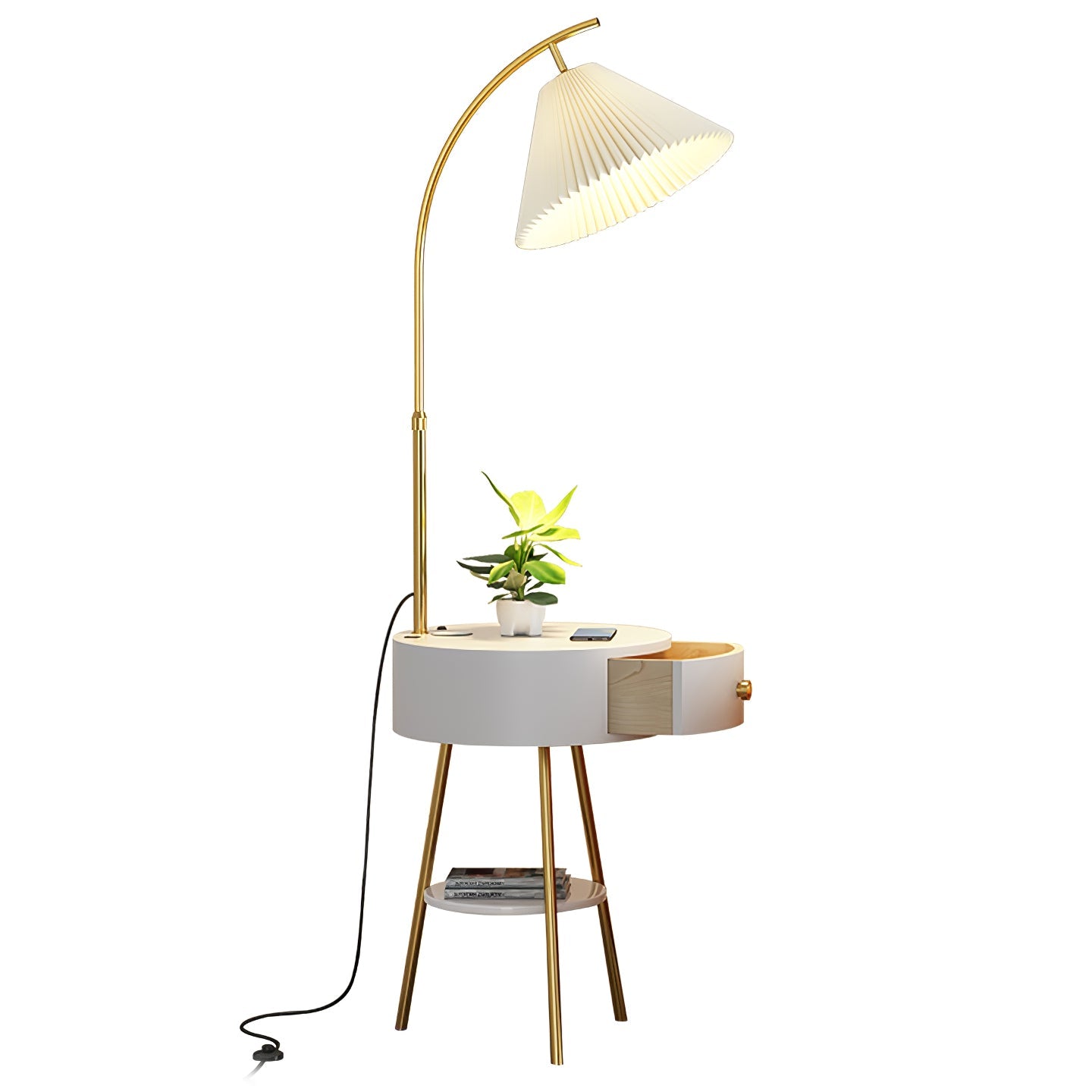 Lampadaire moderne Othar en Bois, Métal, Tissu, Marbre Blanc