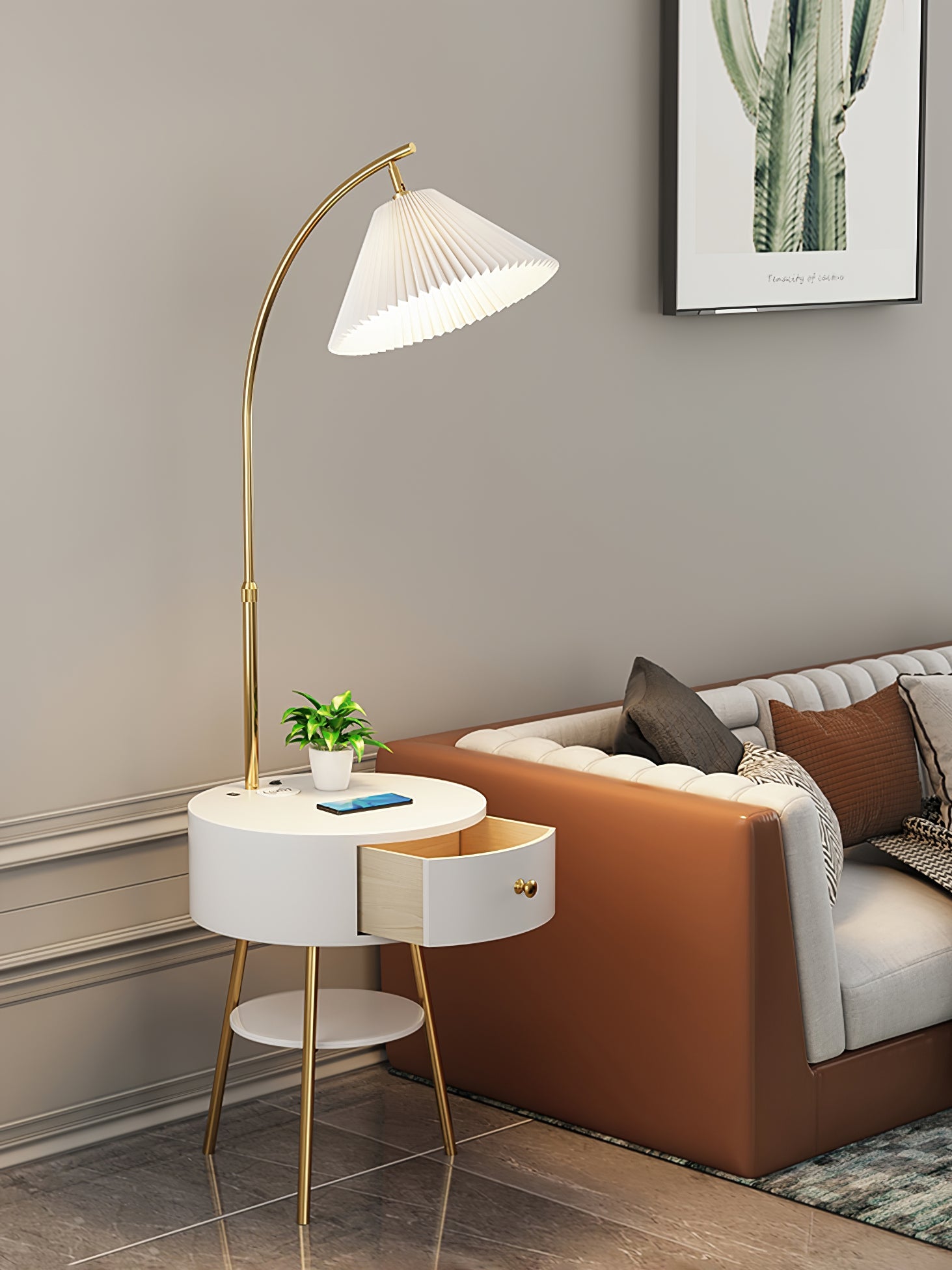 Lampadaire moderne Othar en Bois, Métal, Tissu, Marbre Blanc