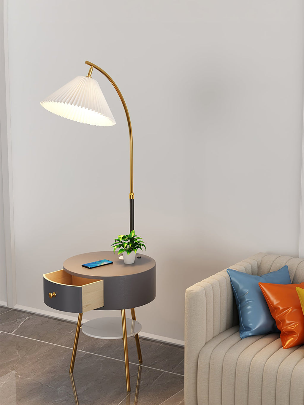 Lampadaire moderne Othar en Bois, Métal, Tissu, Marbre Blanc
