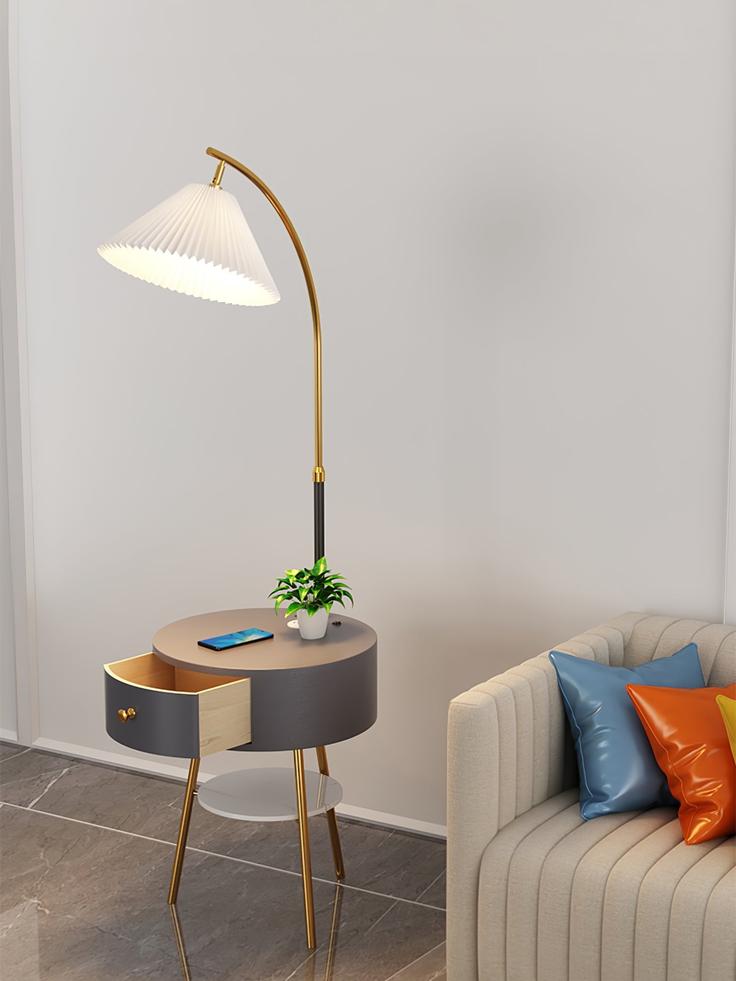 Lampadaire moderne Othar en Bois, Métal, Tissu, Marbre Blanc