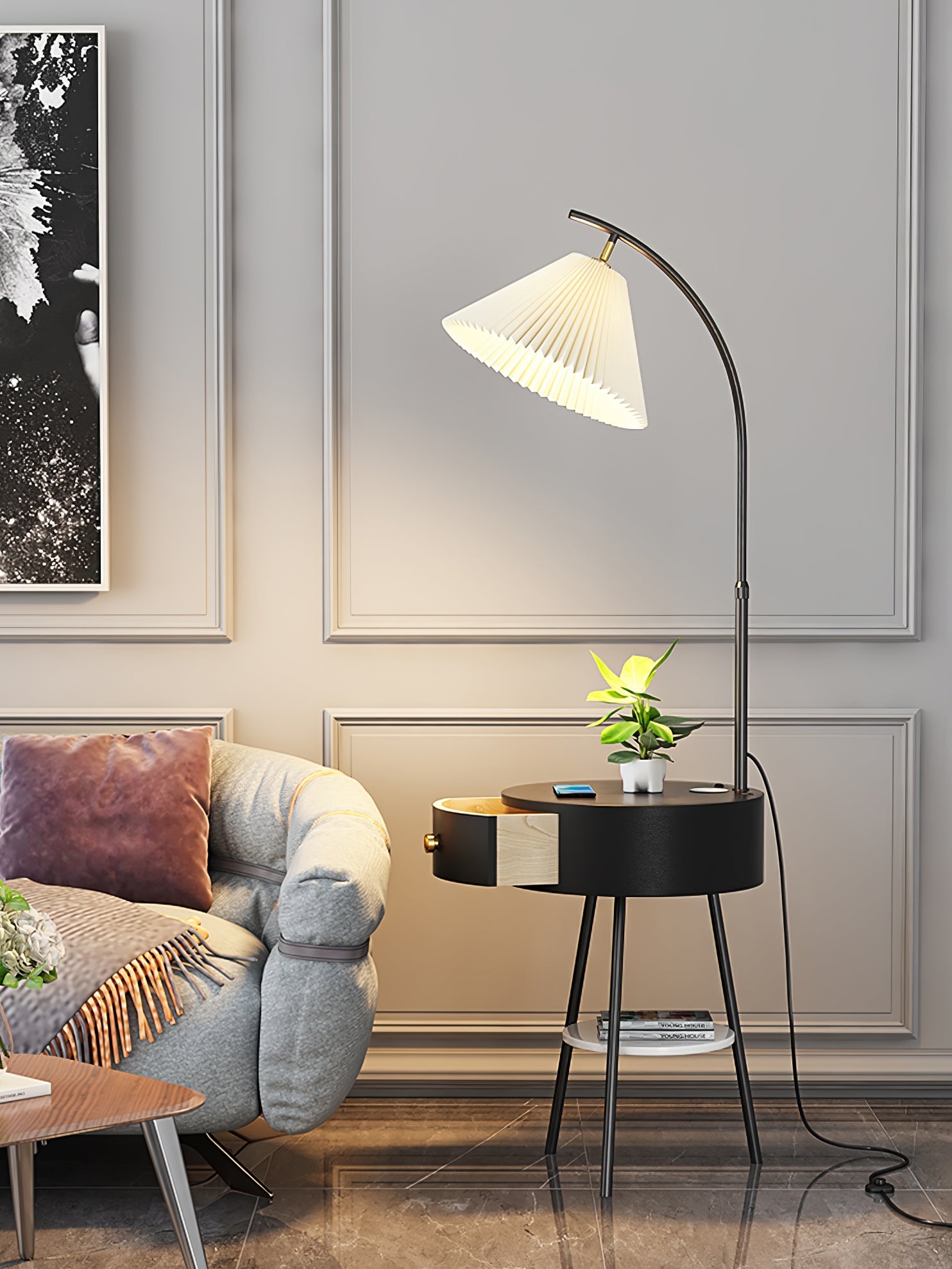 Lampadaire moderne Othar en Bois, Métal, Tissu, Marbre Blanc