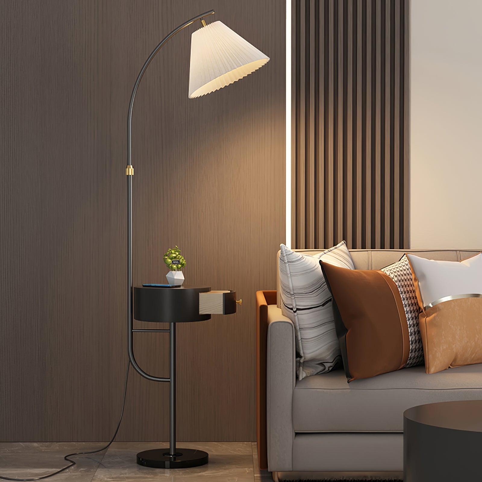 Lampadaire moderne Othar en Bois, Métal, Tissu, Marbre Noir