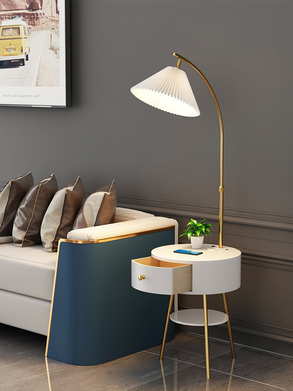 Lampadaire moderne Othar en Bois, Métal, Tissu, Marbre Blanc