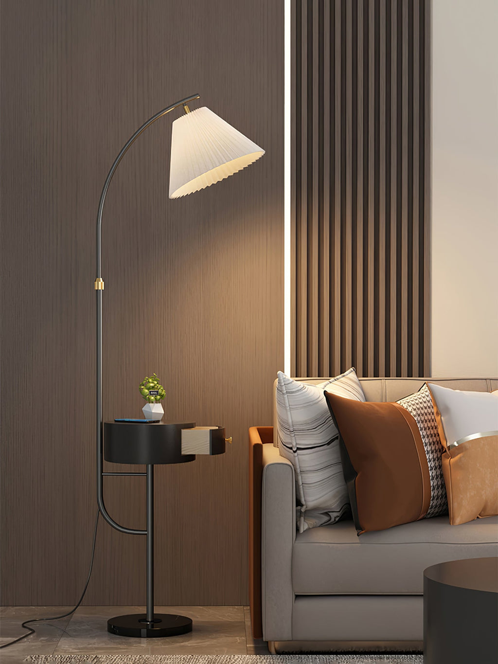 Lampadaire moderne Othar en Bois, Métal, Tissu, Marbre Blanc