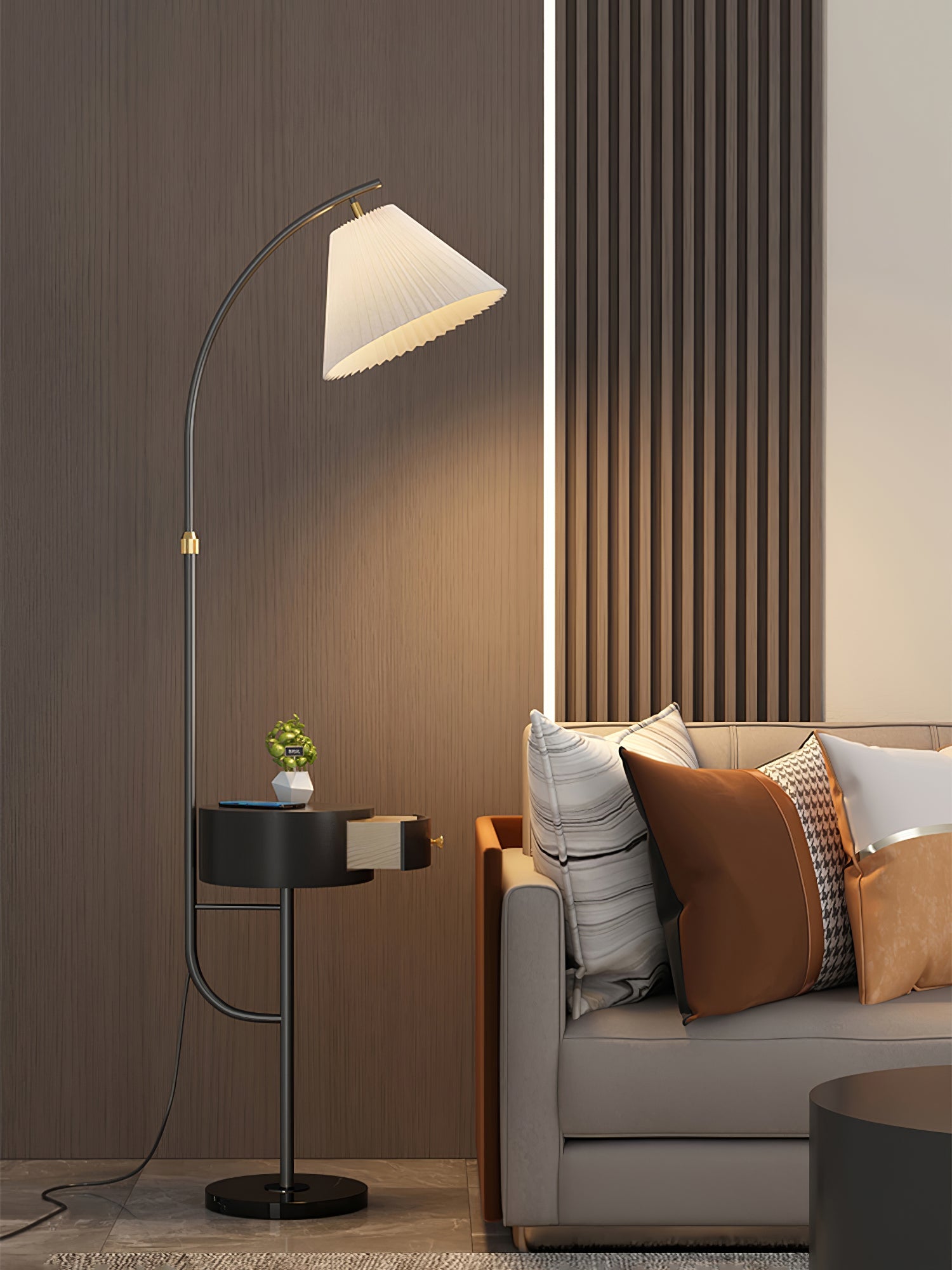 Lampadaire moderne Othar en Bois, Métal, Tissu, Marbre Blanc