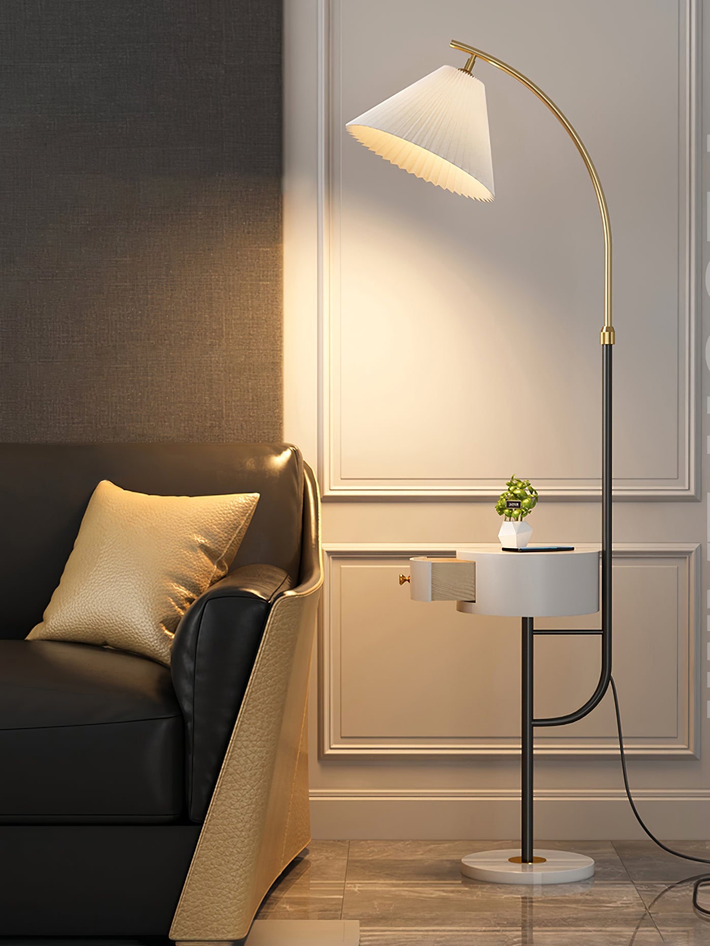 Lampadaire moderne Othar en Bois, Métal, Tissu, Marbre Blanc