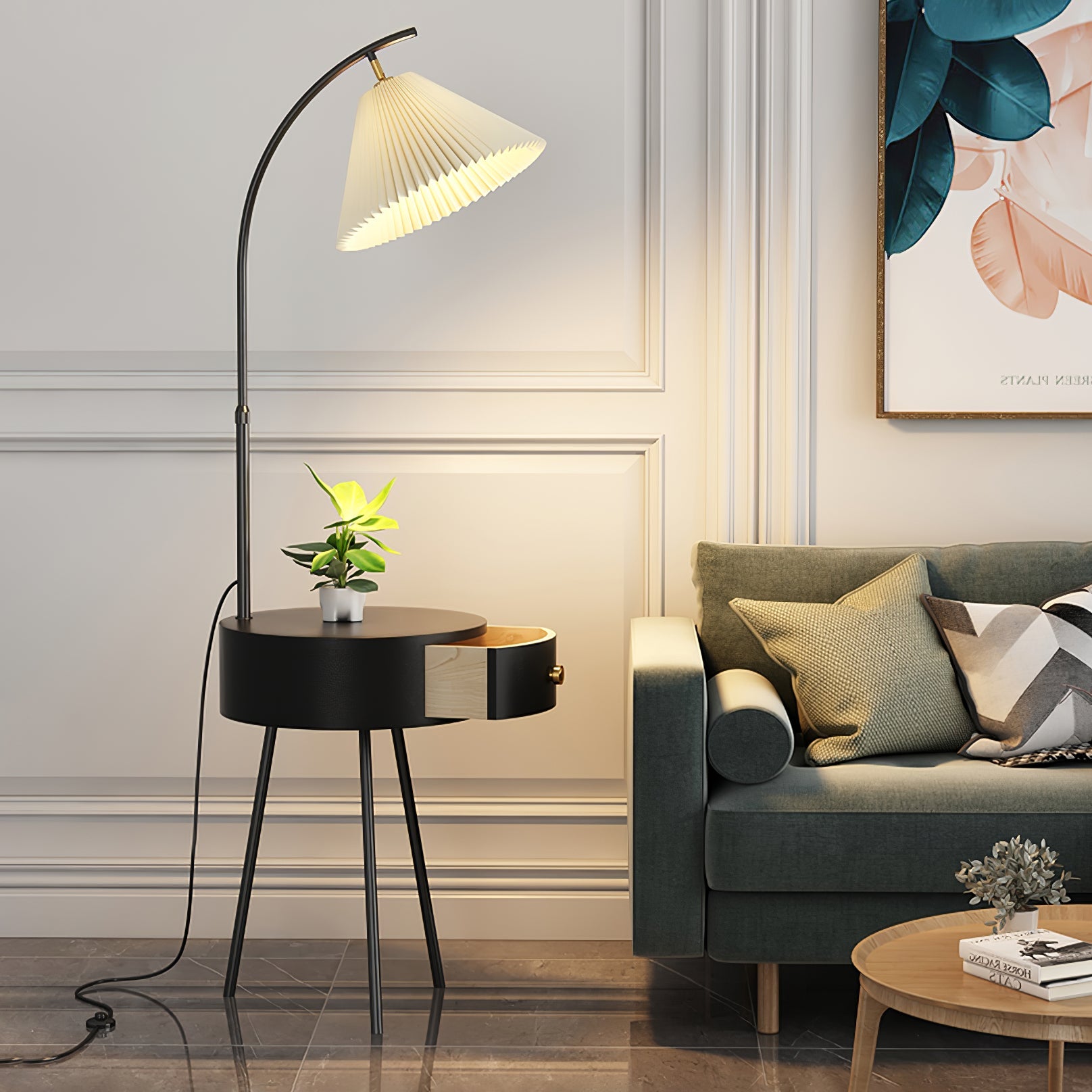 Lampadaire moderne Othar en Bois, Métal, Tissu, Marbre Gris