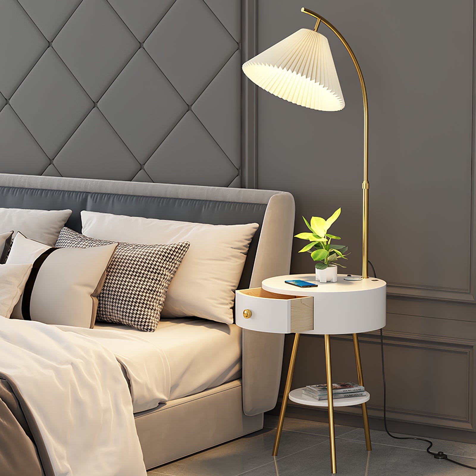 Lampadaire moderne Othar en Bois, Métal, Tissu, Marbre Noir