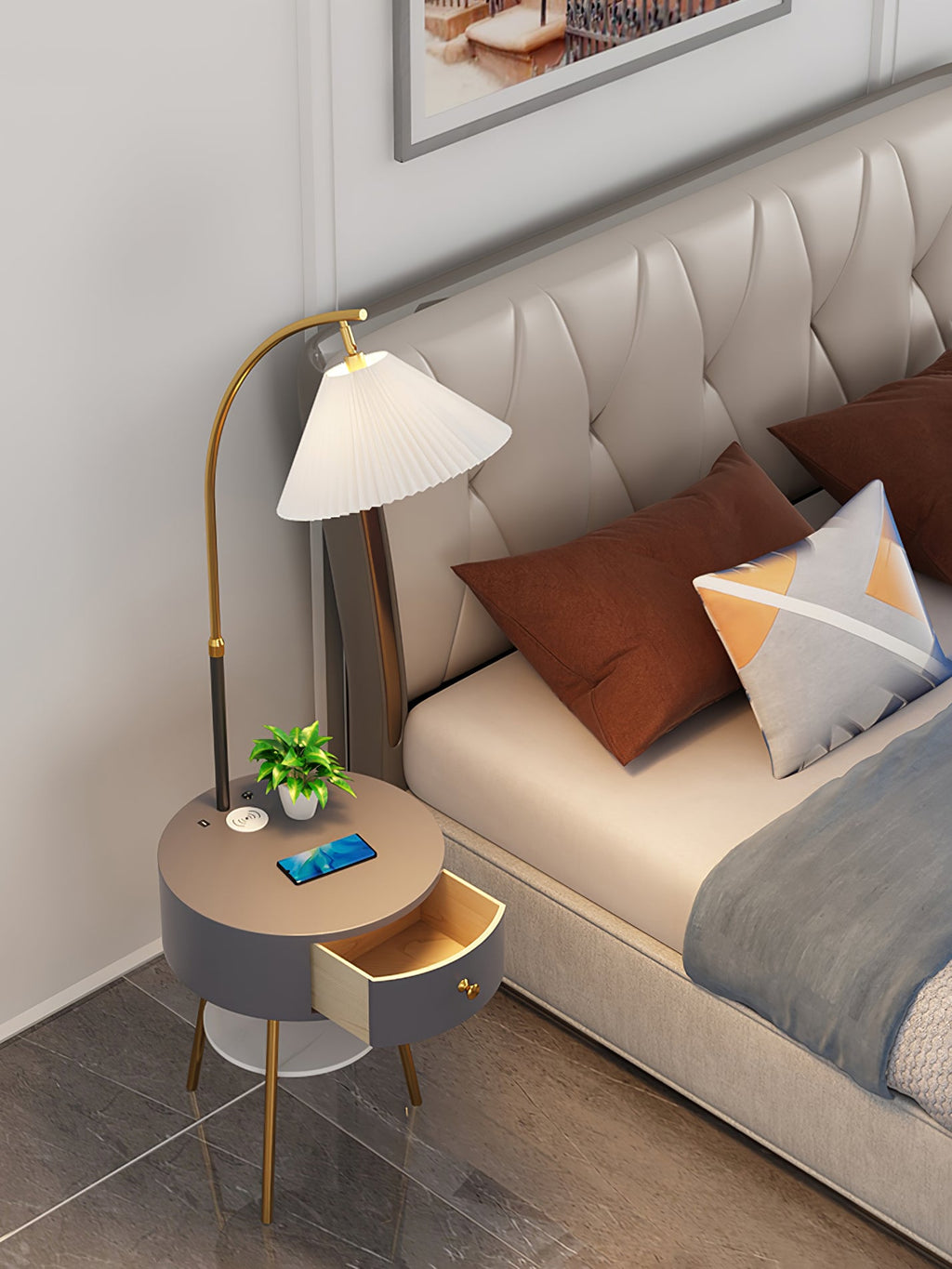 Lampadaire moderne Othar en Bois, Métal, Tissu, Marbre Noir