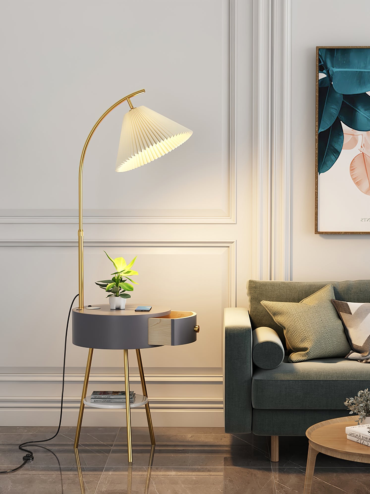 Lampadaire moderne Othar en Bois, Métal, Tissu, Marbre Noir