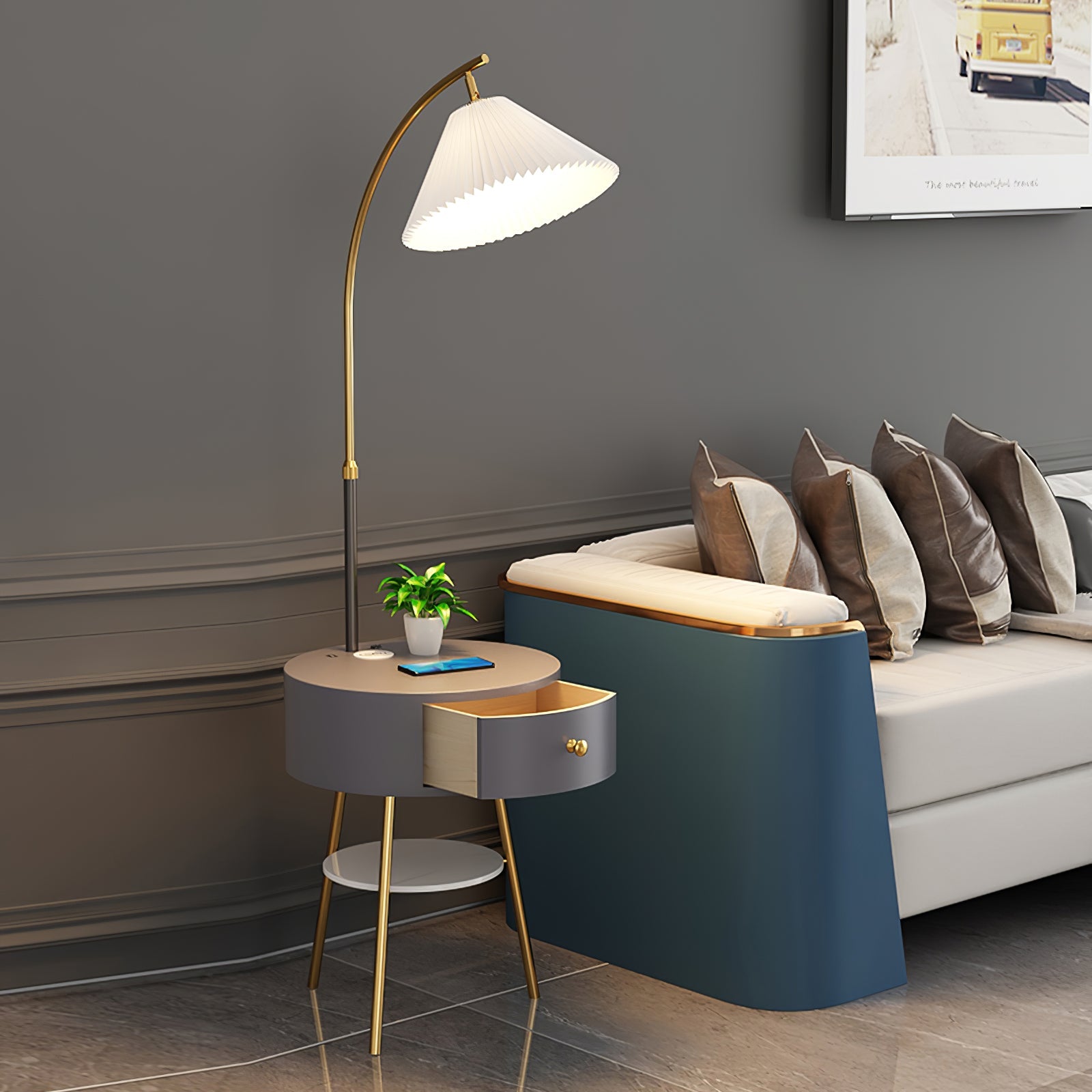 Lampadaire moderne Othar en Bois, Métal, Tissu, Marbre Gris