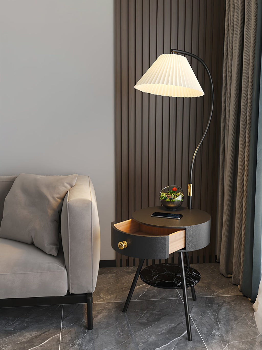 Lampadaire moderne Zeb en Bois, Métal, Tissu, Marbre Noir