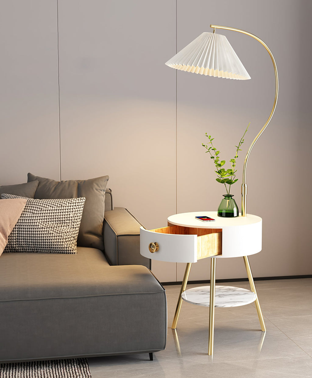 Lampadaire moderne Zeb en Bois, Métal, Tissu, Marbre Blanc