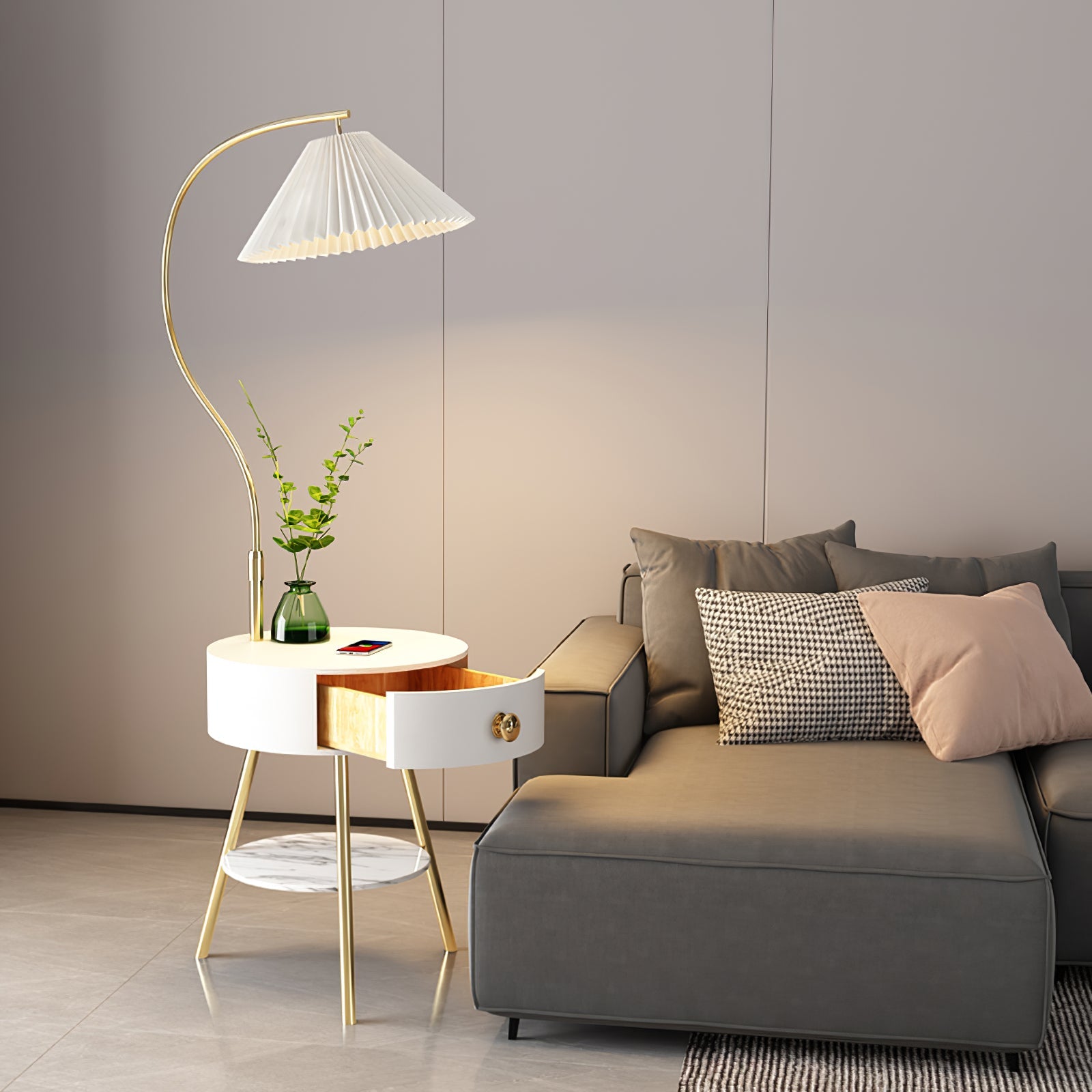 Lampadaire moderne Zeb en Bois, Métal, Tissu, Marbre Noir