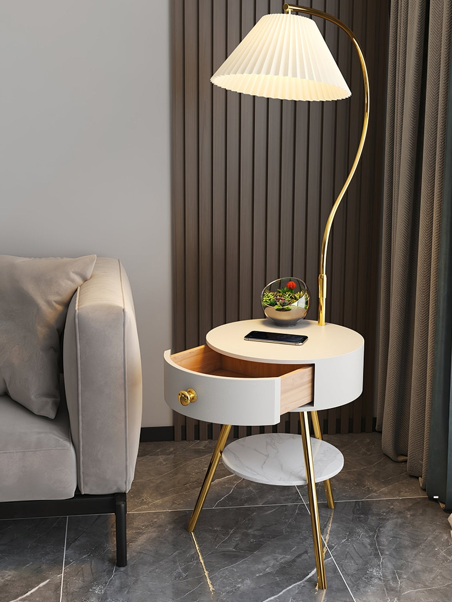 Lampadaire moderne Zeb en Bois, Métal, Tissu, Marbre Blanc