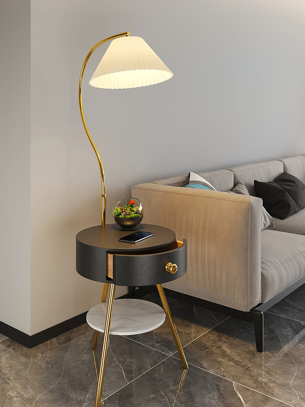 Lampadaire moderne Zeb en Bois, Métal, Tissu, Marbre Noir