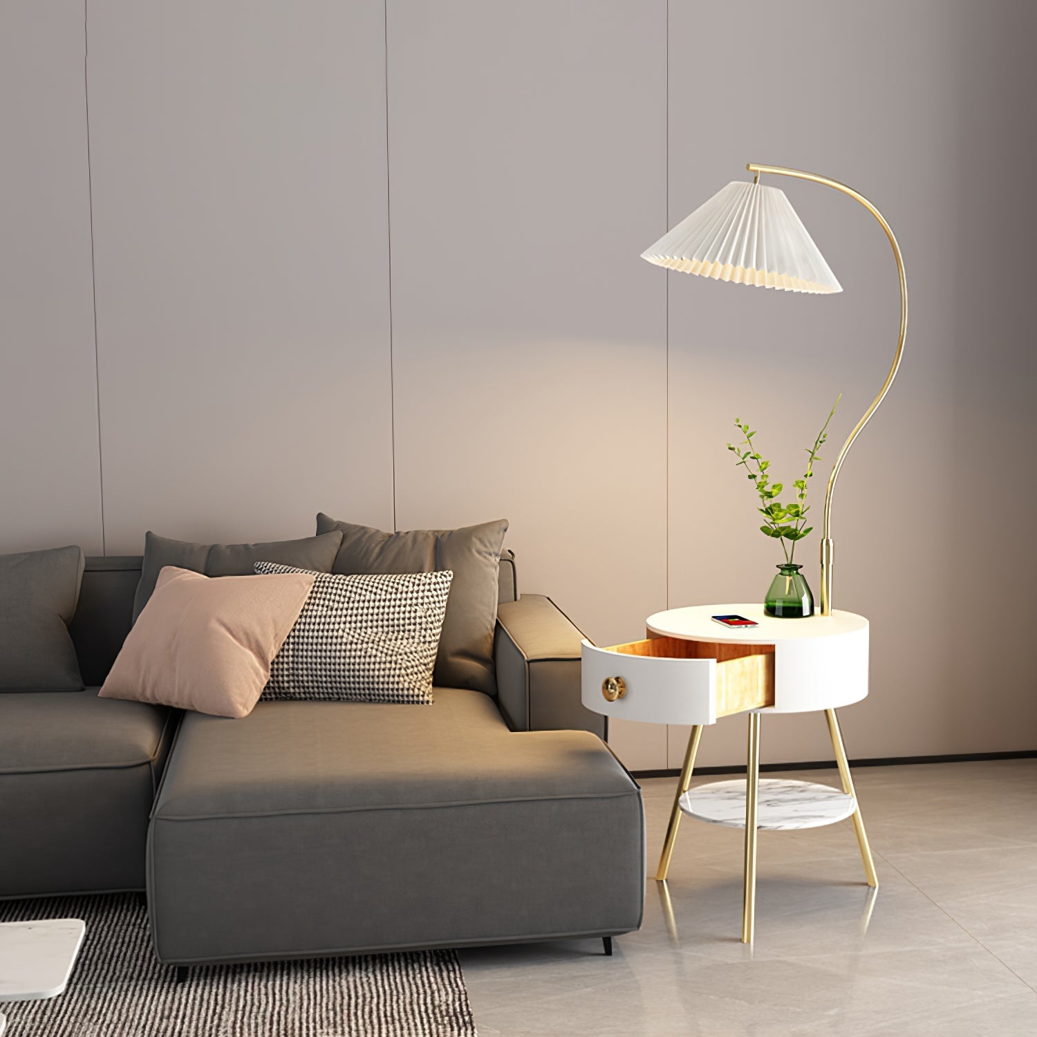 Lampadaire moderne Zeb en Bois, Métal, Tissu, Marbre Noir