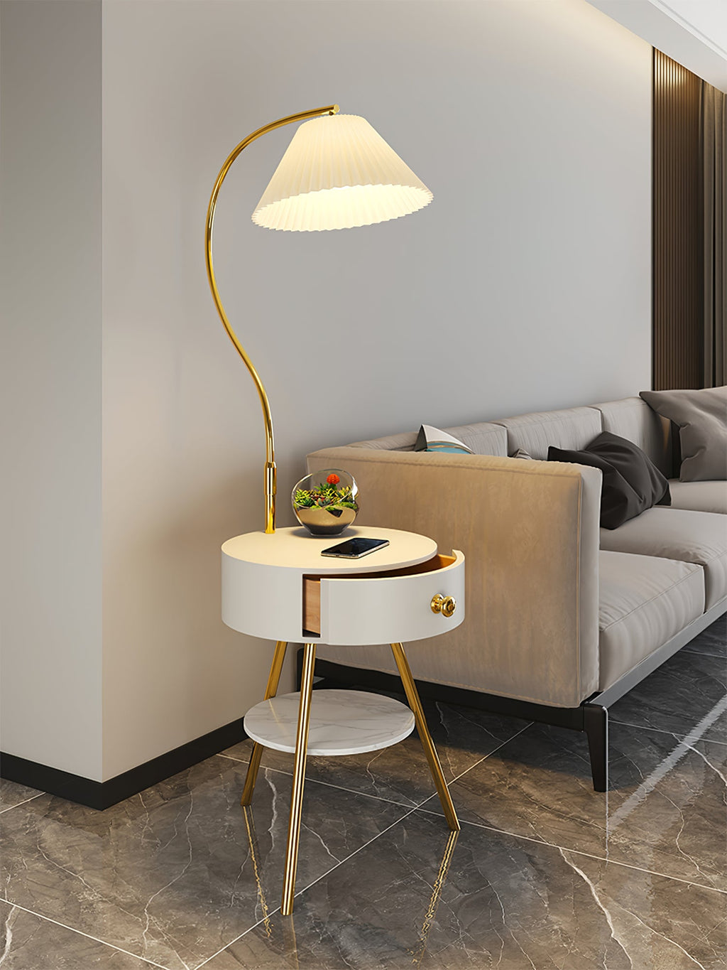 Lampadaire moderne Zeb en Bois, Métal, Tissu, Marbre Blanc