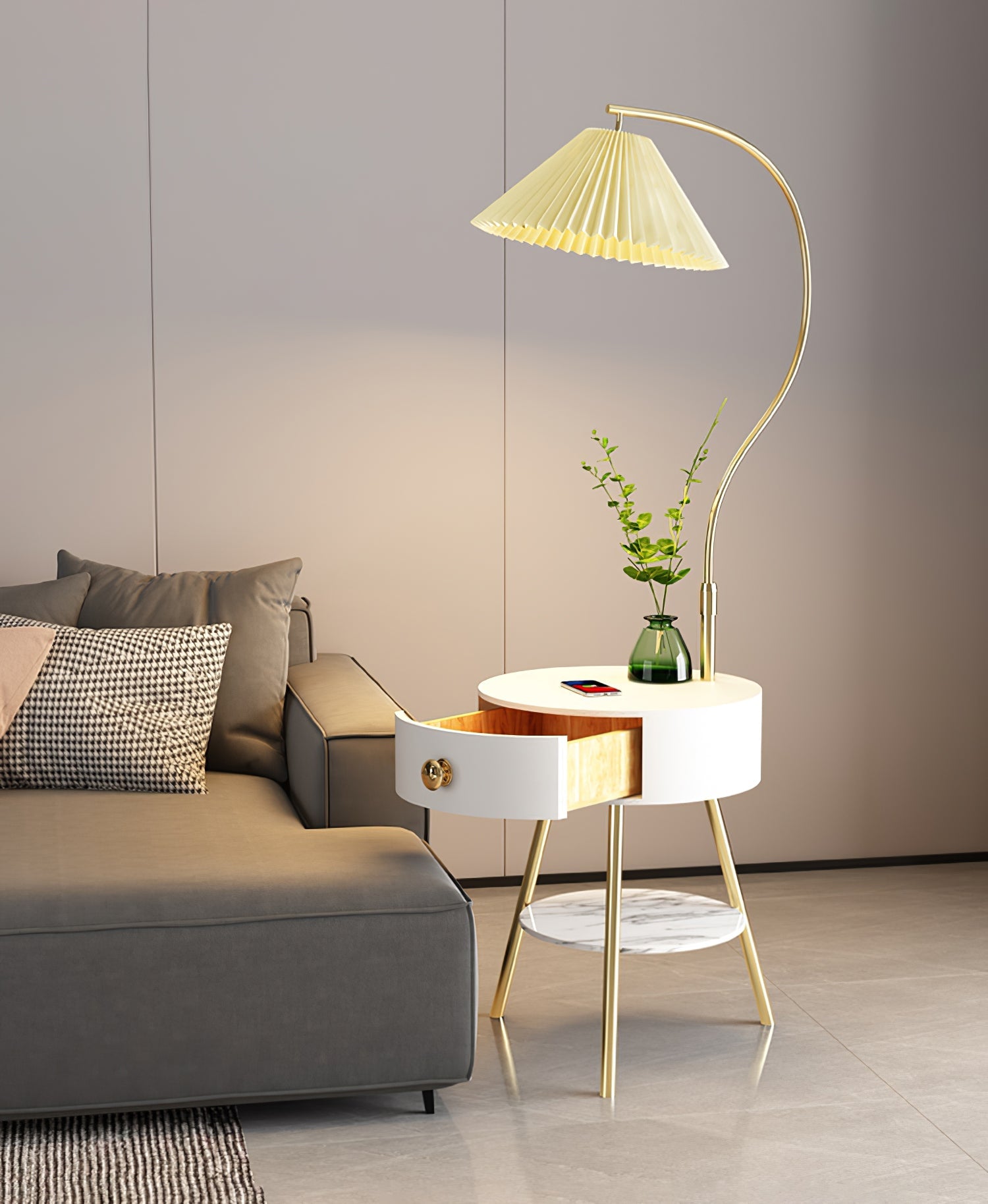 Lampadaire moderne Zeb en Bois, Métal, Tissu, Marbre Noir