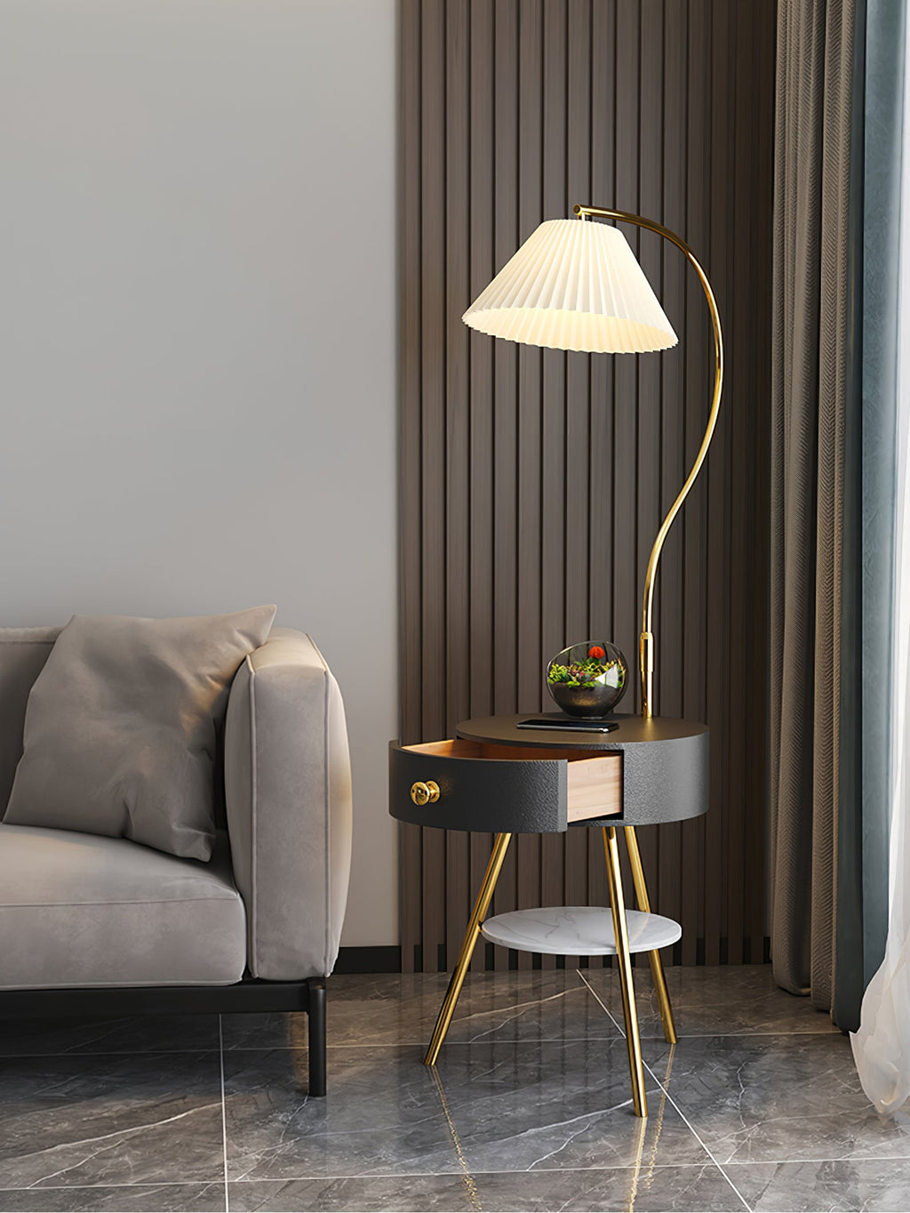 Lampadaire moderne Zeb en Bois, Métal, Tissu, Marbre Noir