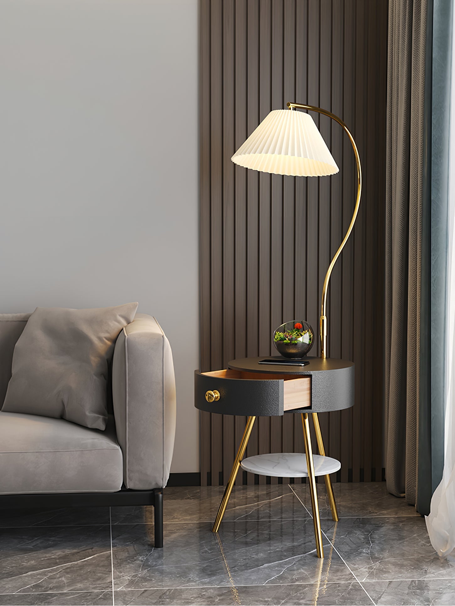 Lampadaire moderne Zeb en Bois, Métal, Tissu, Marbre Noir