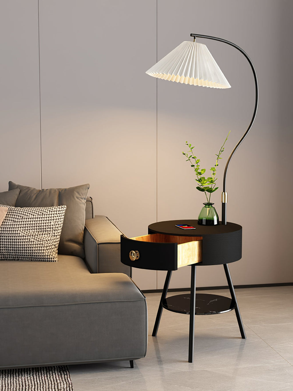 Lampadaire moderne Zeb en Bois, Métal, Tissu, Marbre Noir