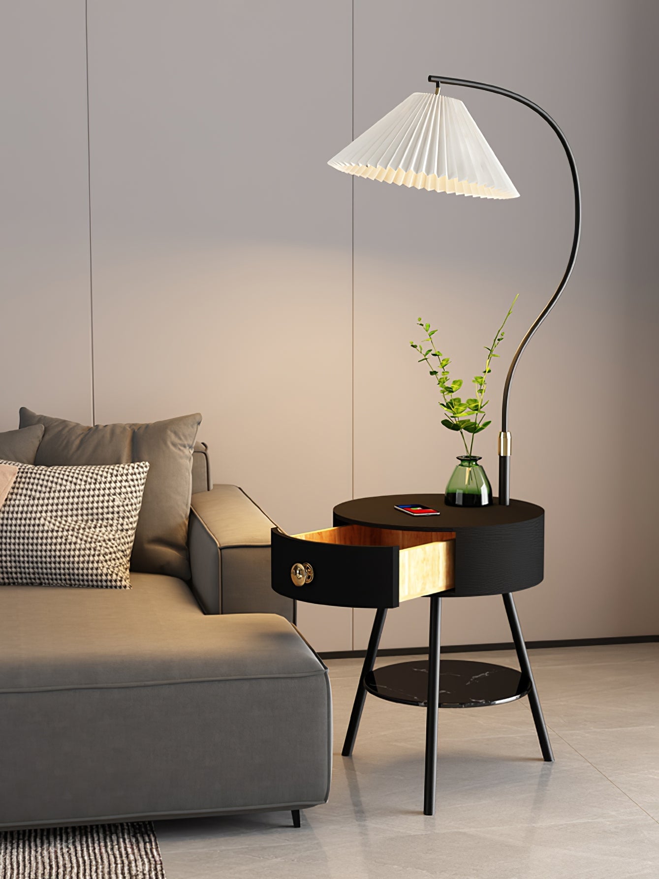 Lampadaire moderne Zeb en Bois, Métal, Tissu, Marbre Blanc
