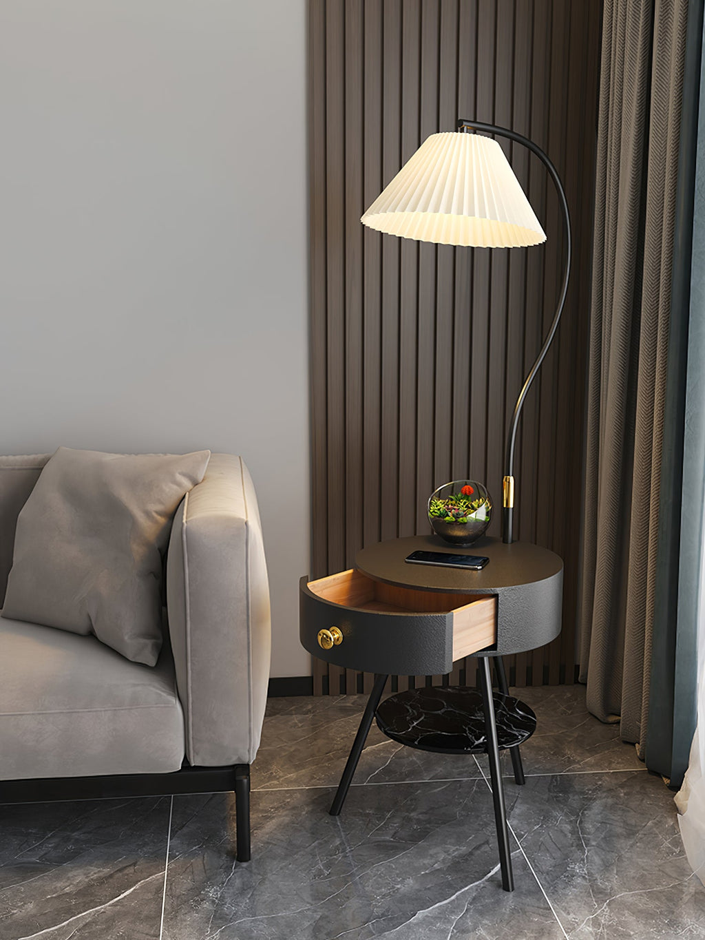 Lampadaire moderne Zeb en Bois, Métal, Tissu, Marbre Noir