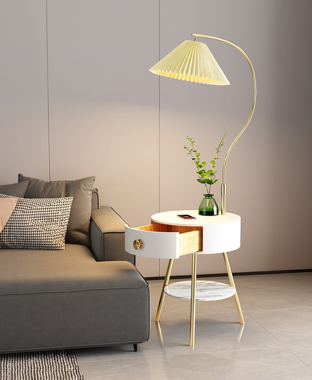 Lampadaire moderne Zeb en Bois, Métal, Tissu, Marbre Blanc