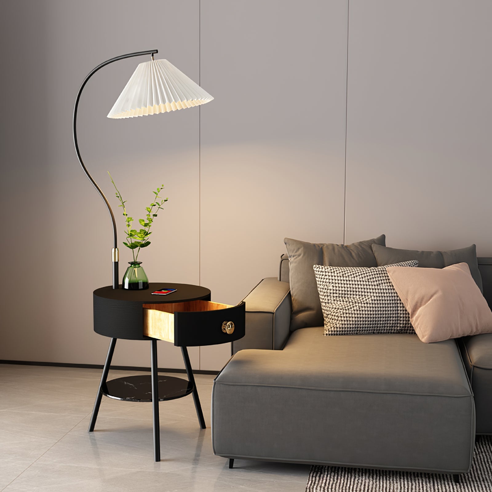 Lampadaire moderne Zeb en Bois, Métal, Tissu, Marbre Noir