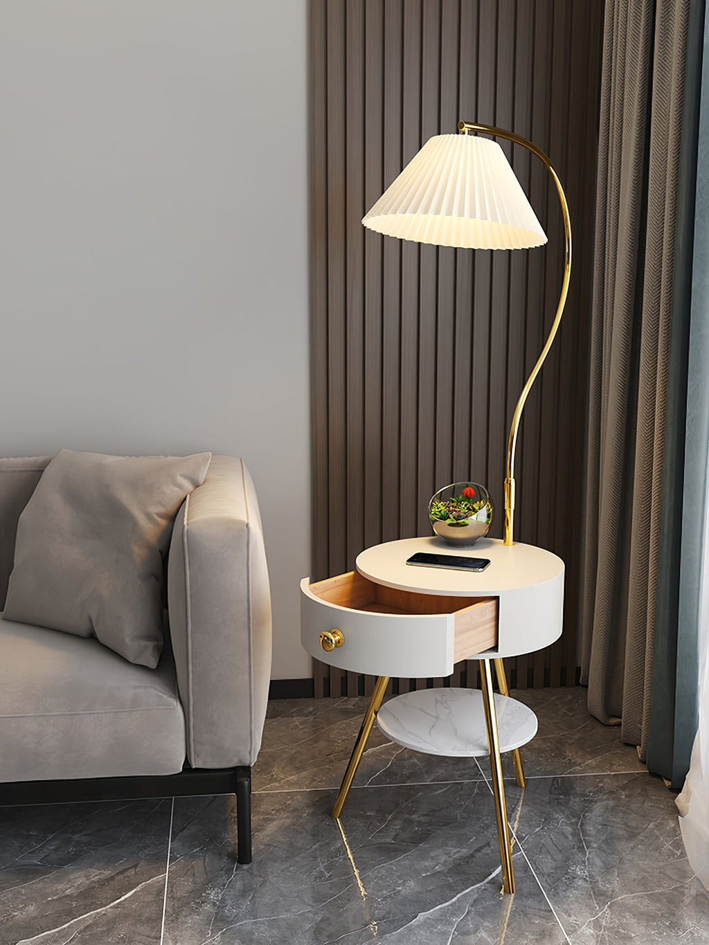 Lampadaire moderne Zeb en Bois, Métal, Tissu, Marbre Noir