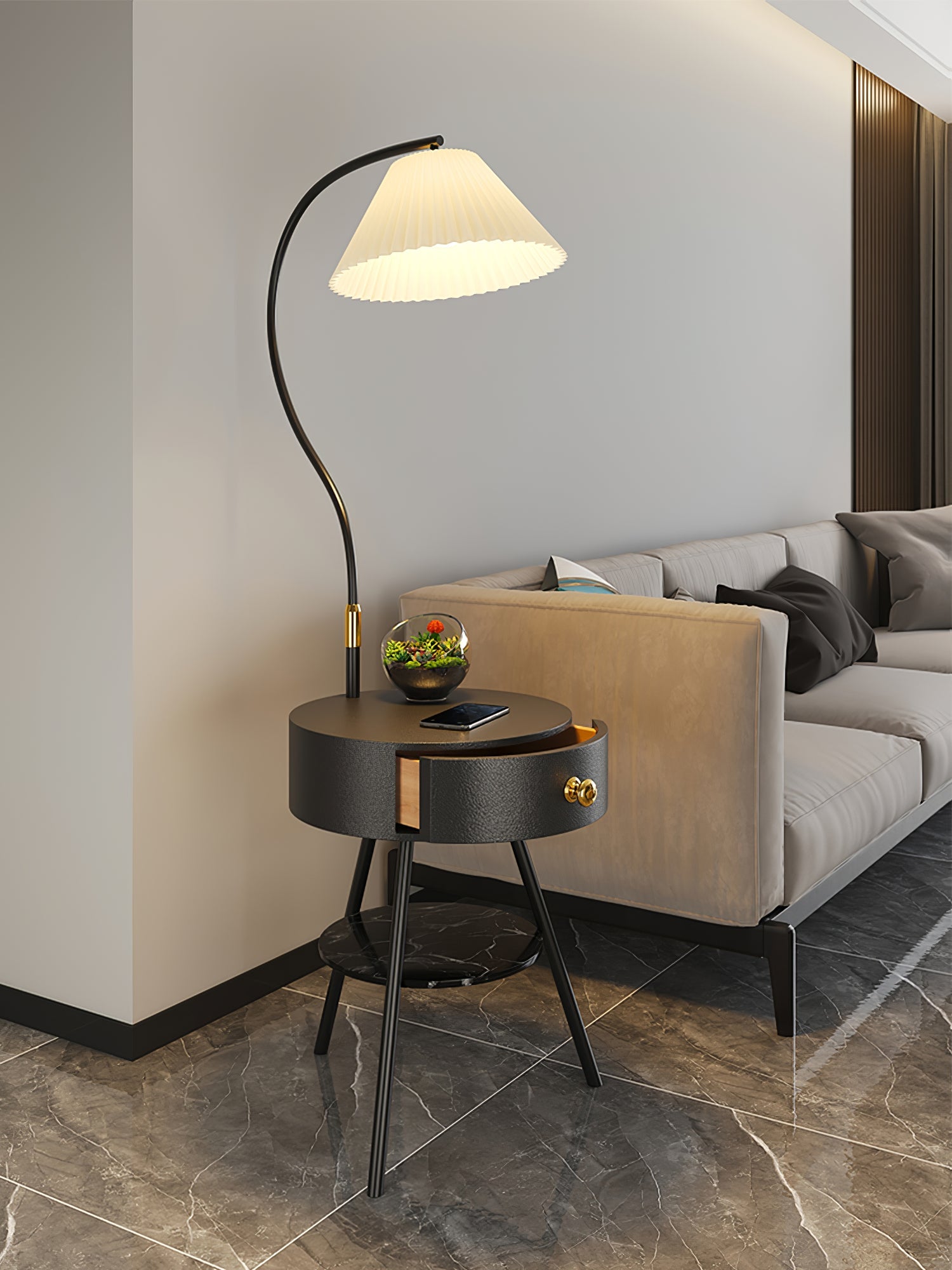 Lampadaire moderne Zeb en Bois, Métal, Tissu, Marbre Noir