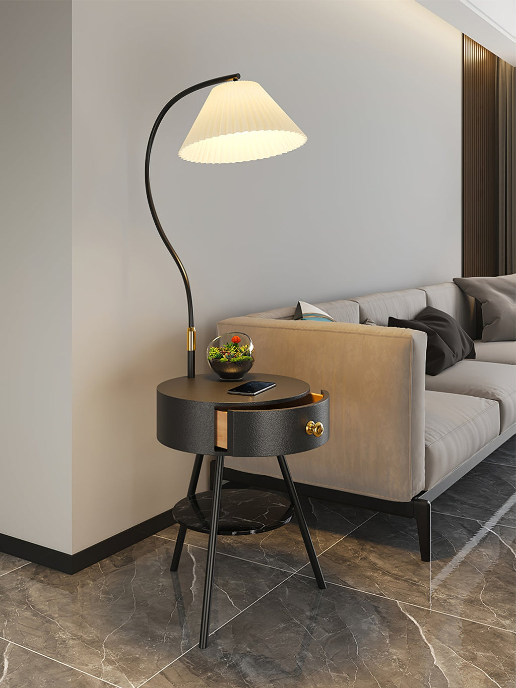 Lampadaire moderne Zeb en Bois, Métal, Tissu, Marbre Blanc