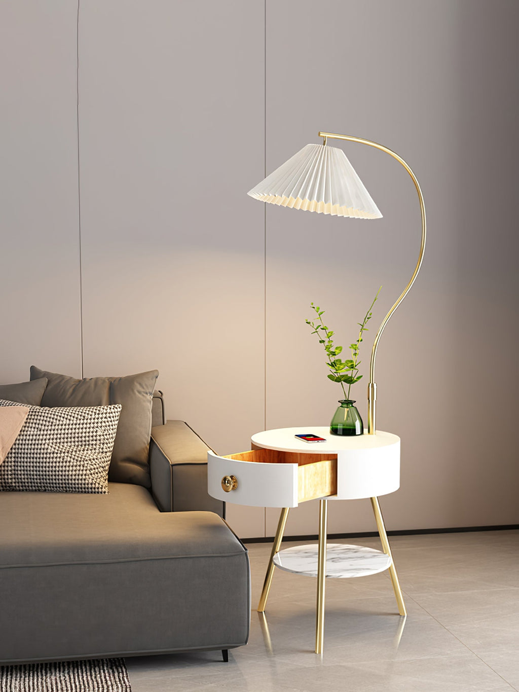 Lampadaire moderne Zeb en Bois, Métal, Tissu, Marbre Noir