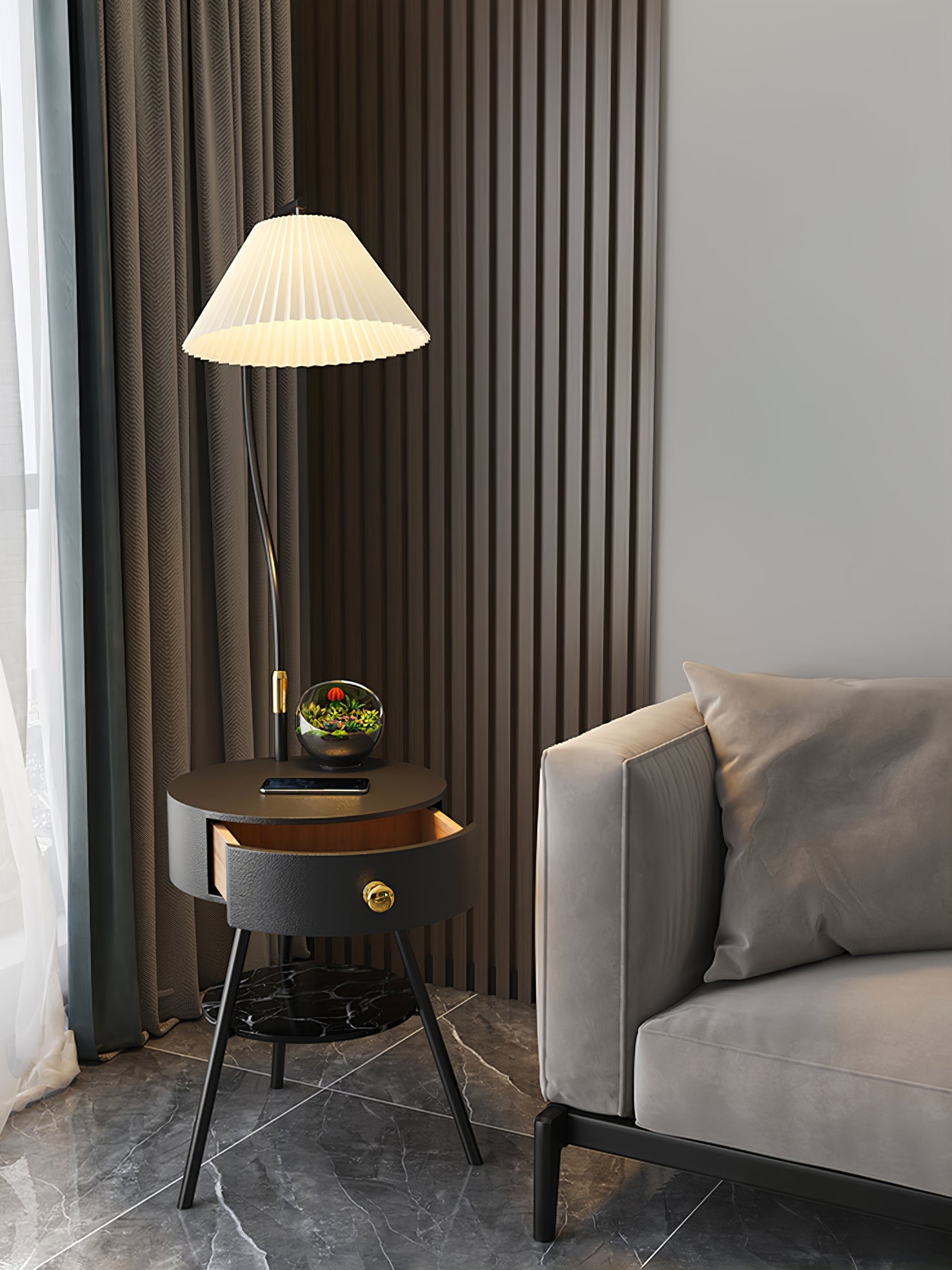 Lampadaire moderne Zeb en Bois, Métal, Tissu, Marbre Noir