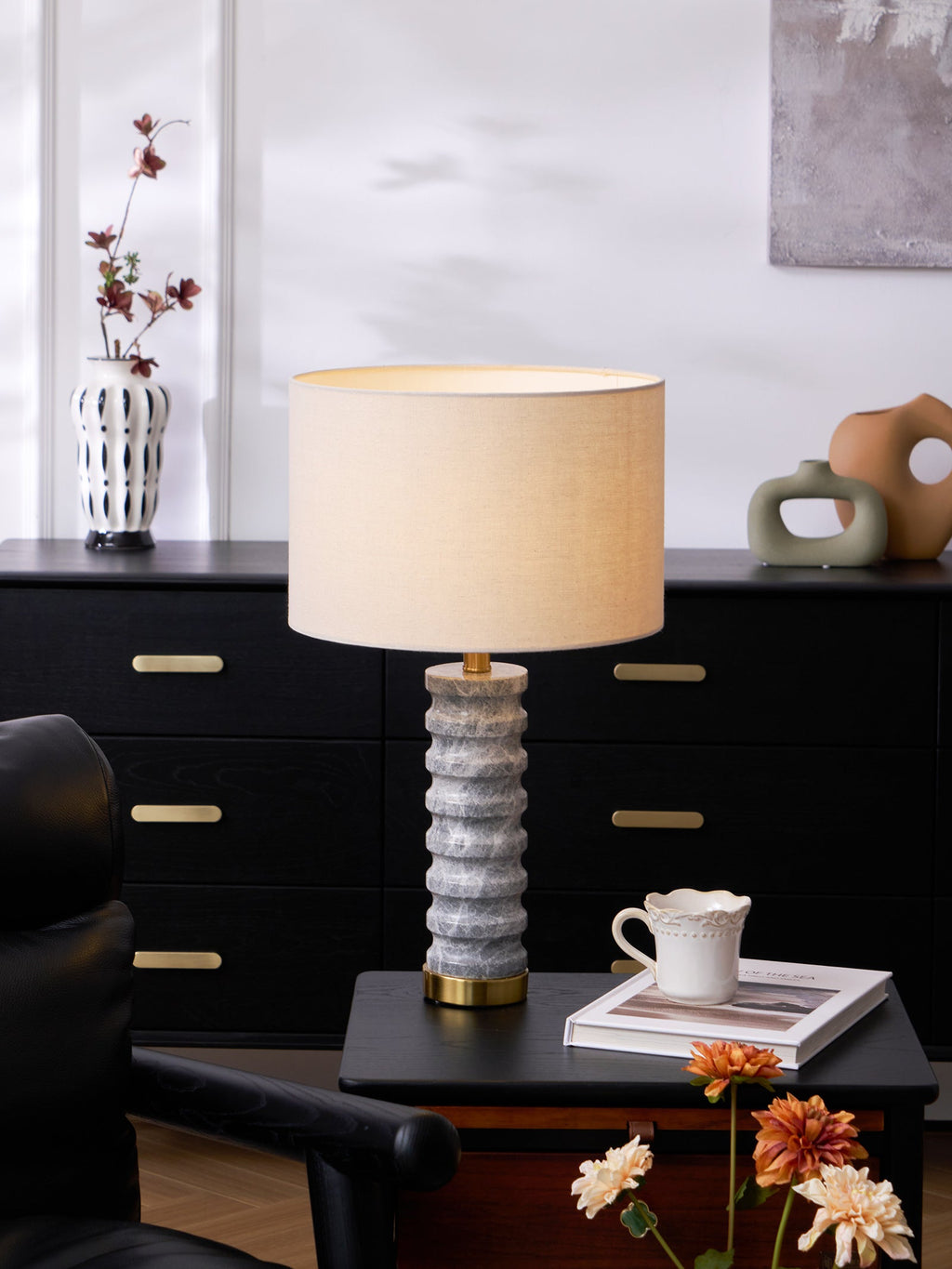 Lampe à poser moderne Jorund en pierre Gris et beige